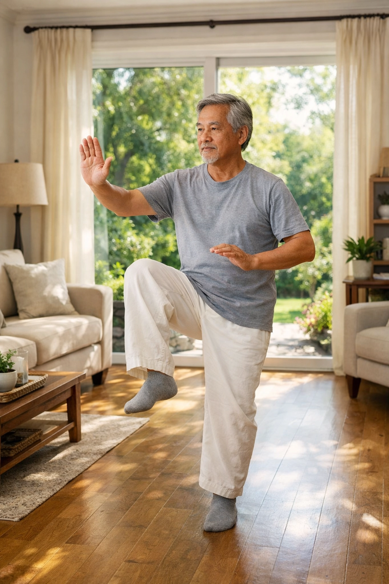 Senior man practicing Tai Chi balance exercises at home to improve stability and strength.