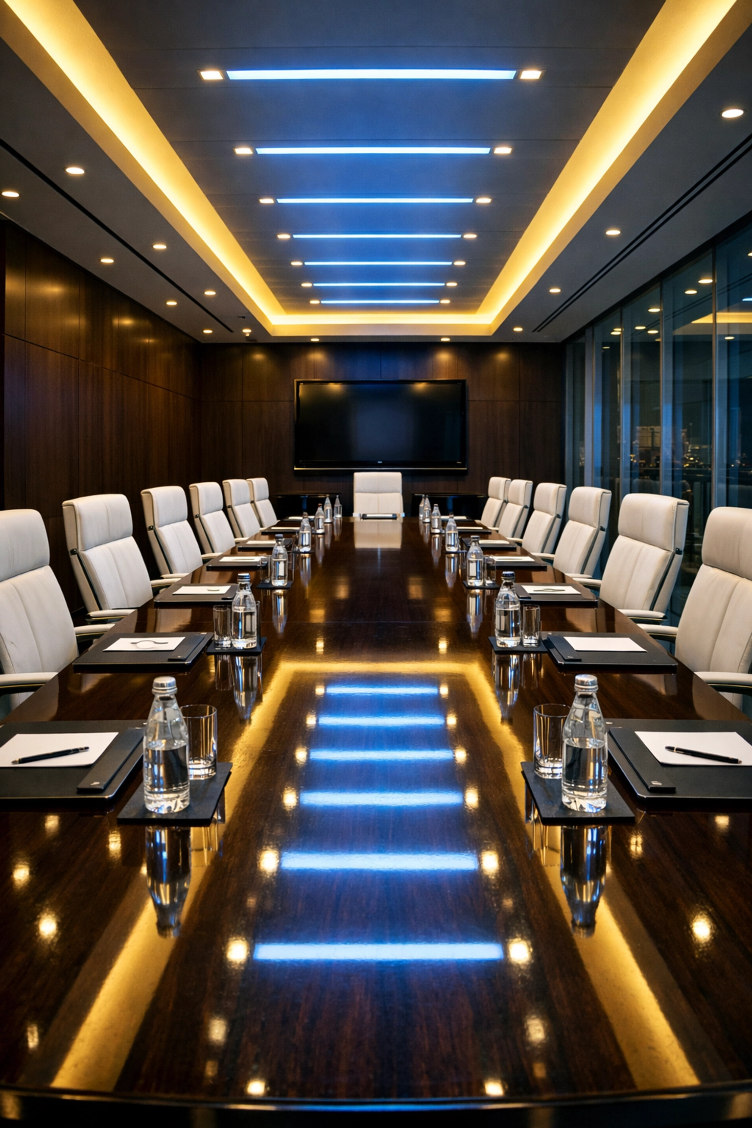 Spotless corporate boardroom in Worcester featuring a polished table and professional office cleaning.
