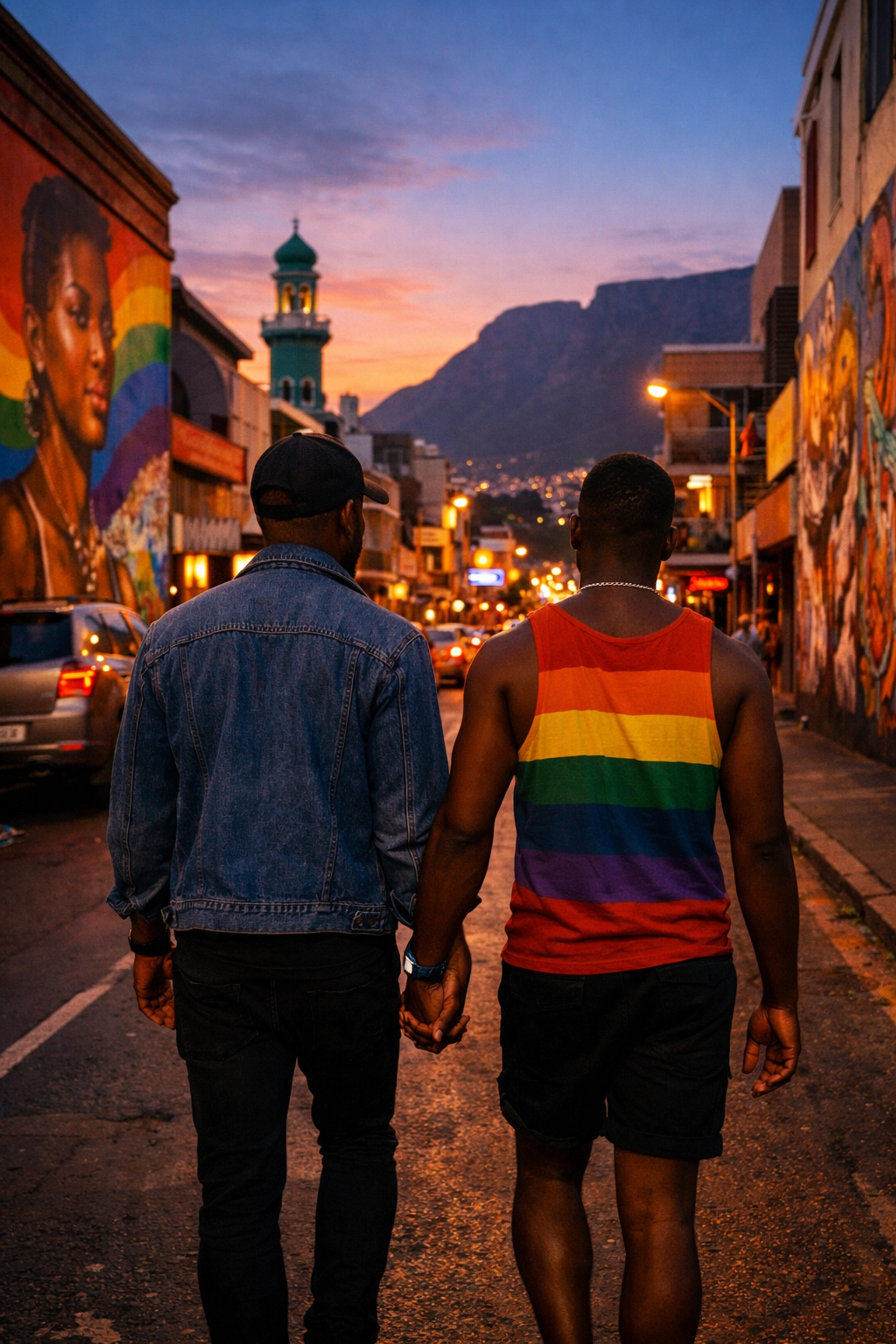 Black gay couple walking hand-in-hand on Cape Town street showing community visibility