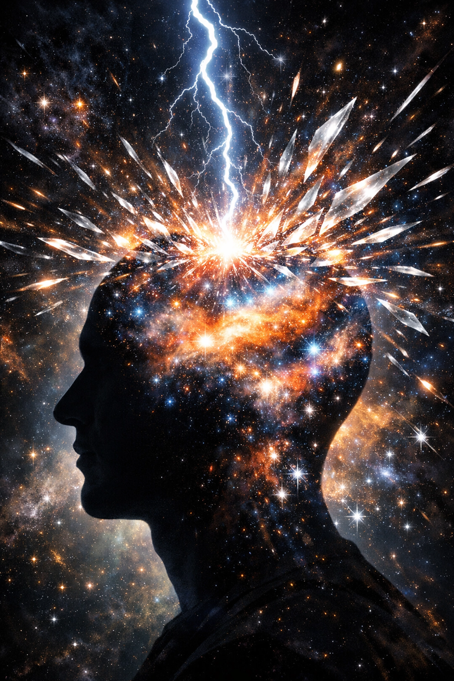 Human silhouette with a cosmic mind representing a biological upgrade for flow states and high performance.