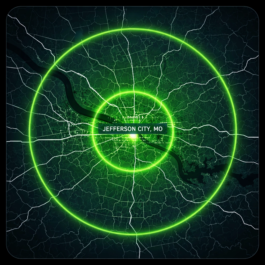 Digital map of Jefferson City MO showing the 30-mile emergency locksmith service area coverage.