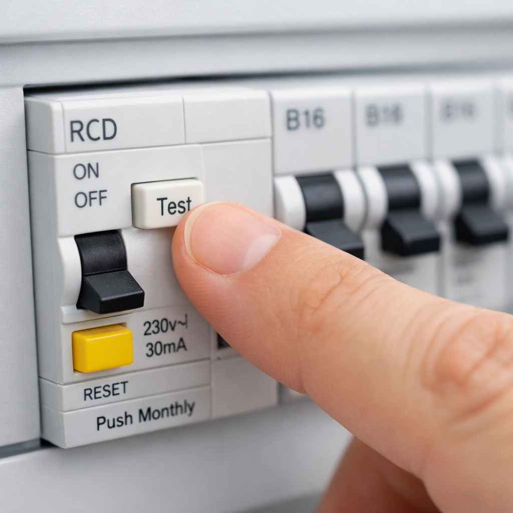 Electrician testing an RCD safety switch in a Poole consumer unit for domestic electrical safety.