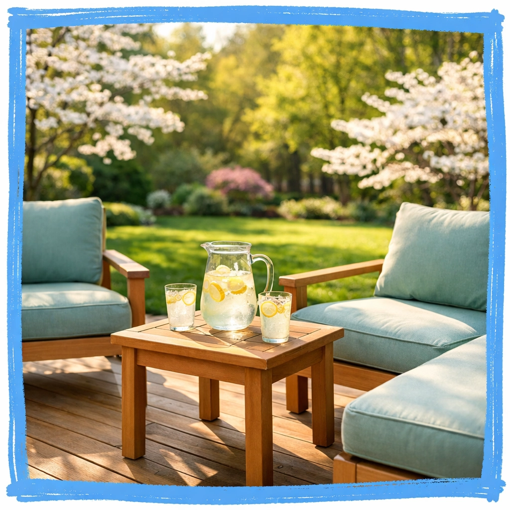 Staged outdoor deck with modern furniture and spring dogwood trees in a Connecticut backyard.