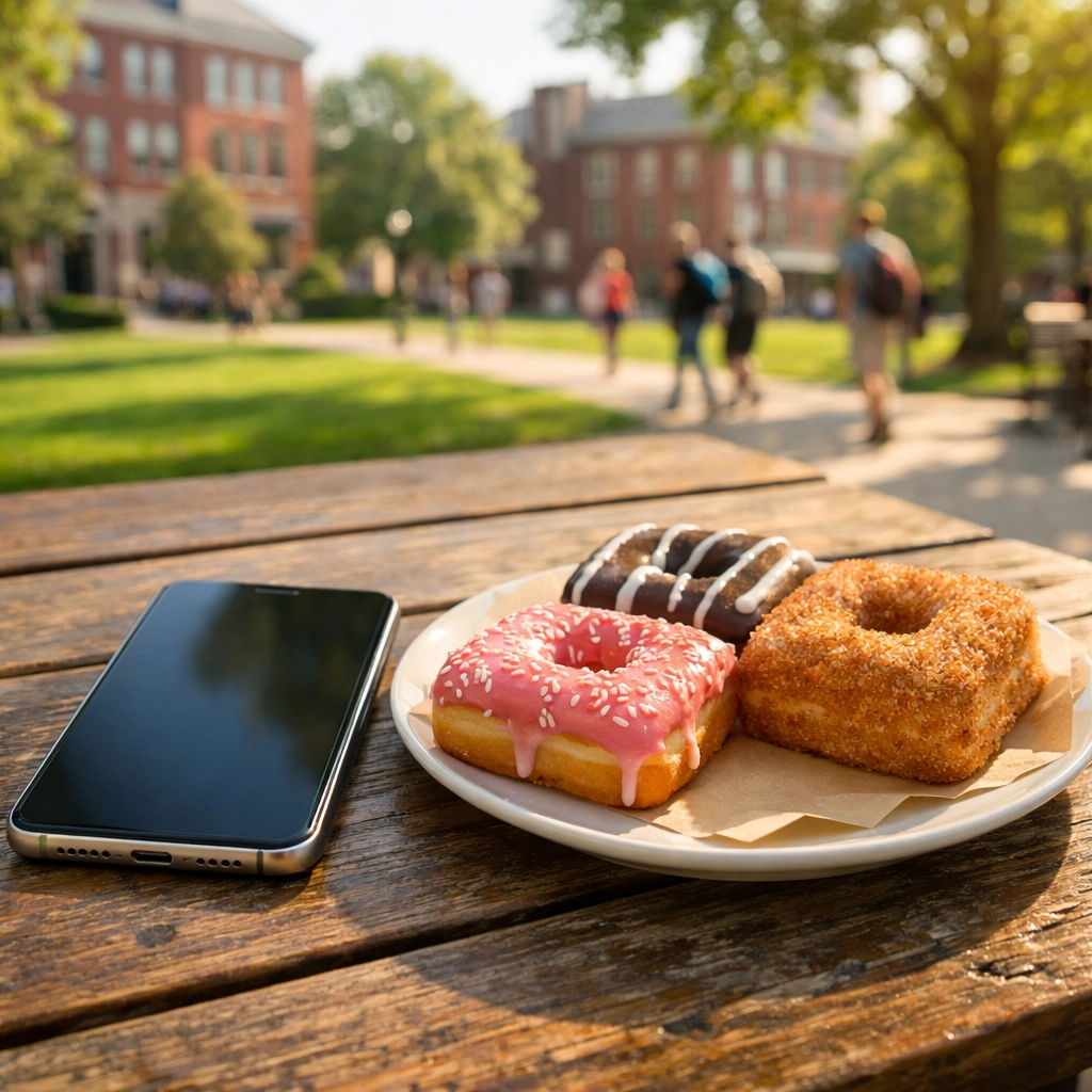 Smartphone and local square donuts on a table with a Terre Haute college campus in the background.