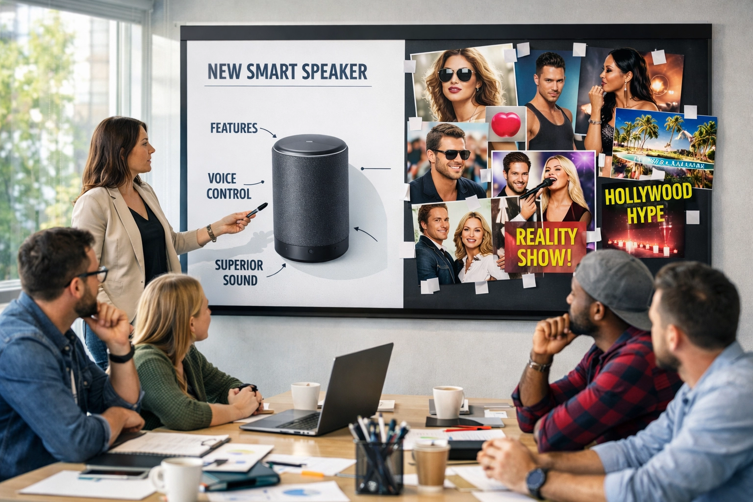 Marketing team reviewing celebrity endorsement strategy versus product benefits presentation