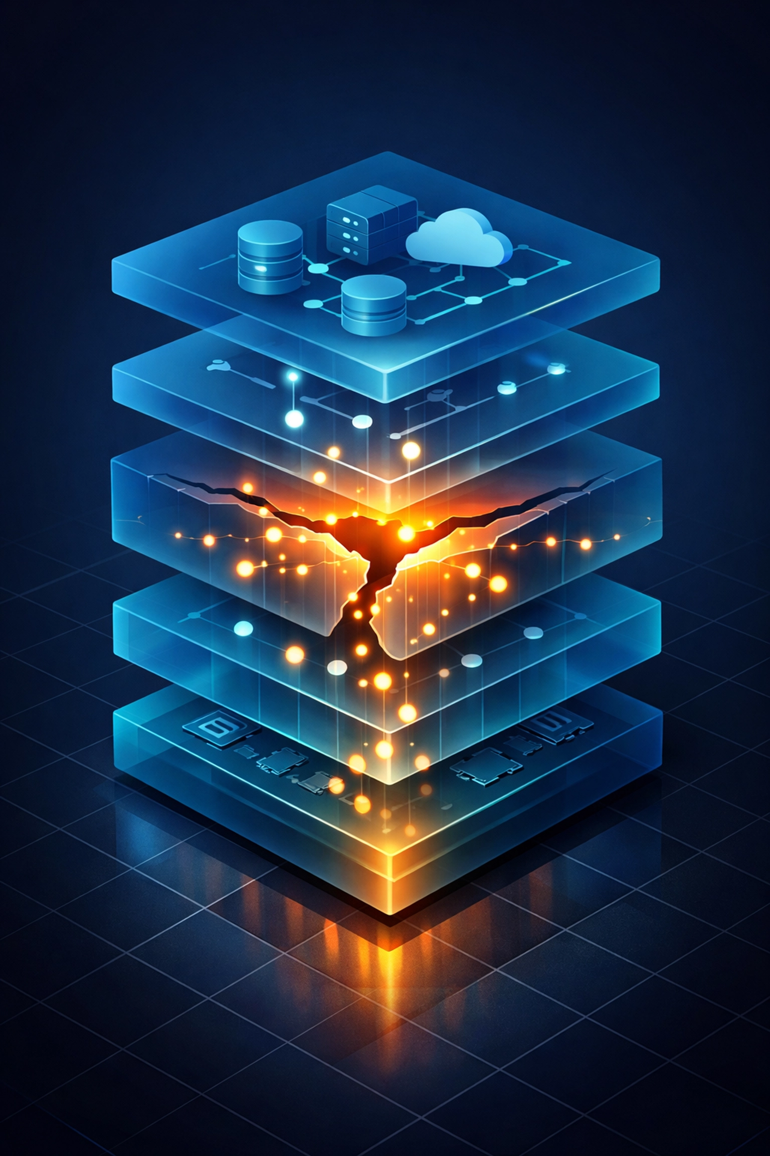 Isometric digital illustration of a glowing software vulnerability gap in a complex security architecture stack.