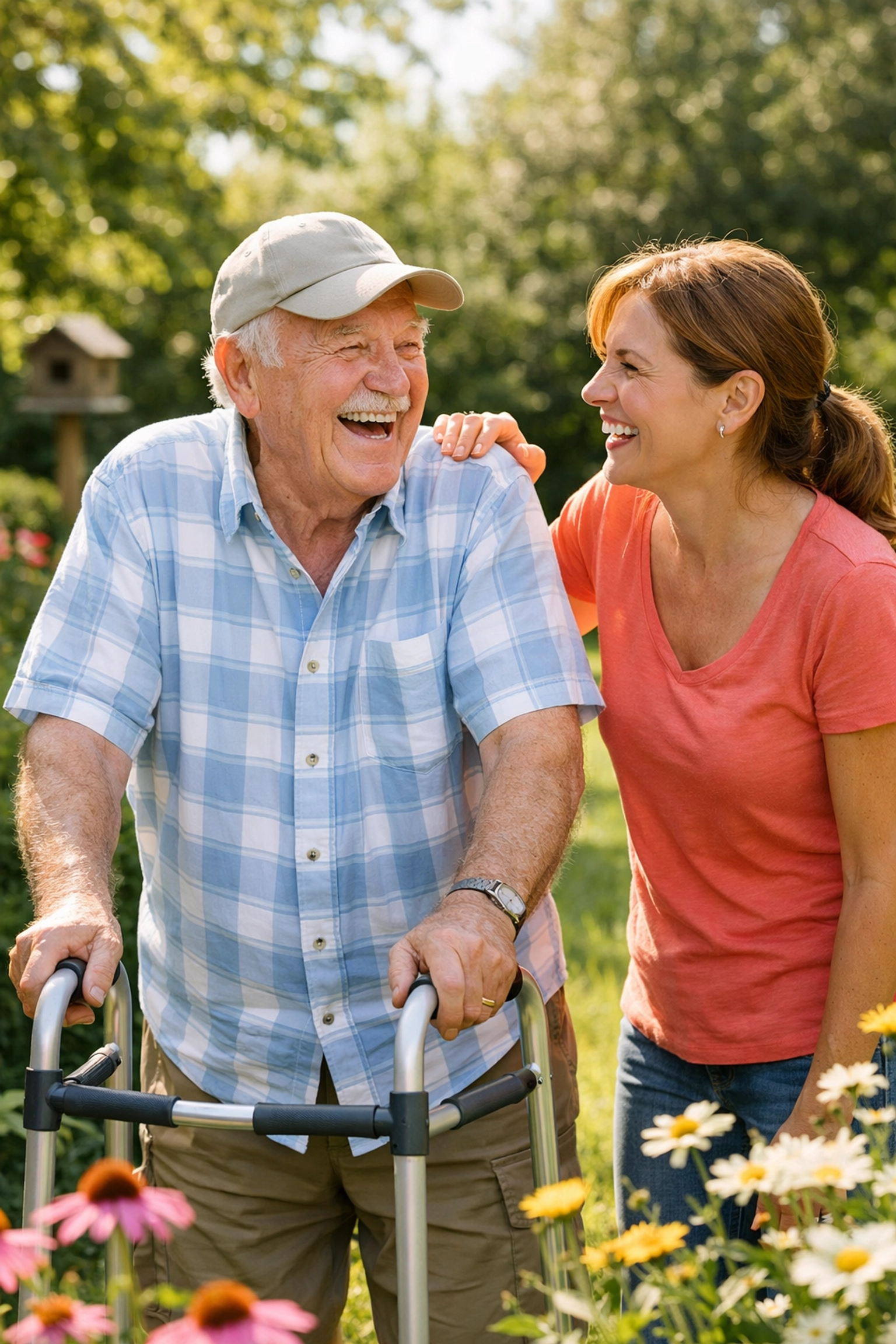 An elderly man using a walker laughs with his daughter in a garden, illustrating senior mobility and independence.