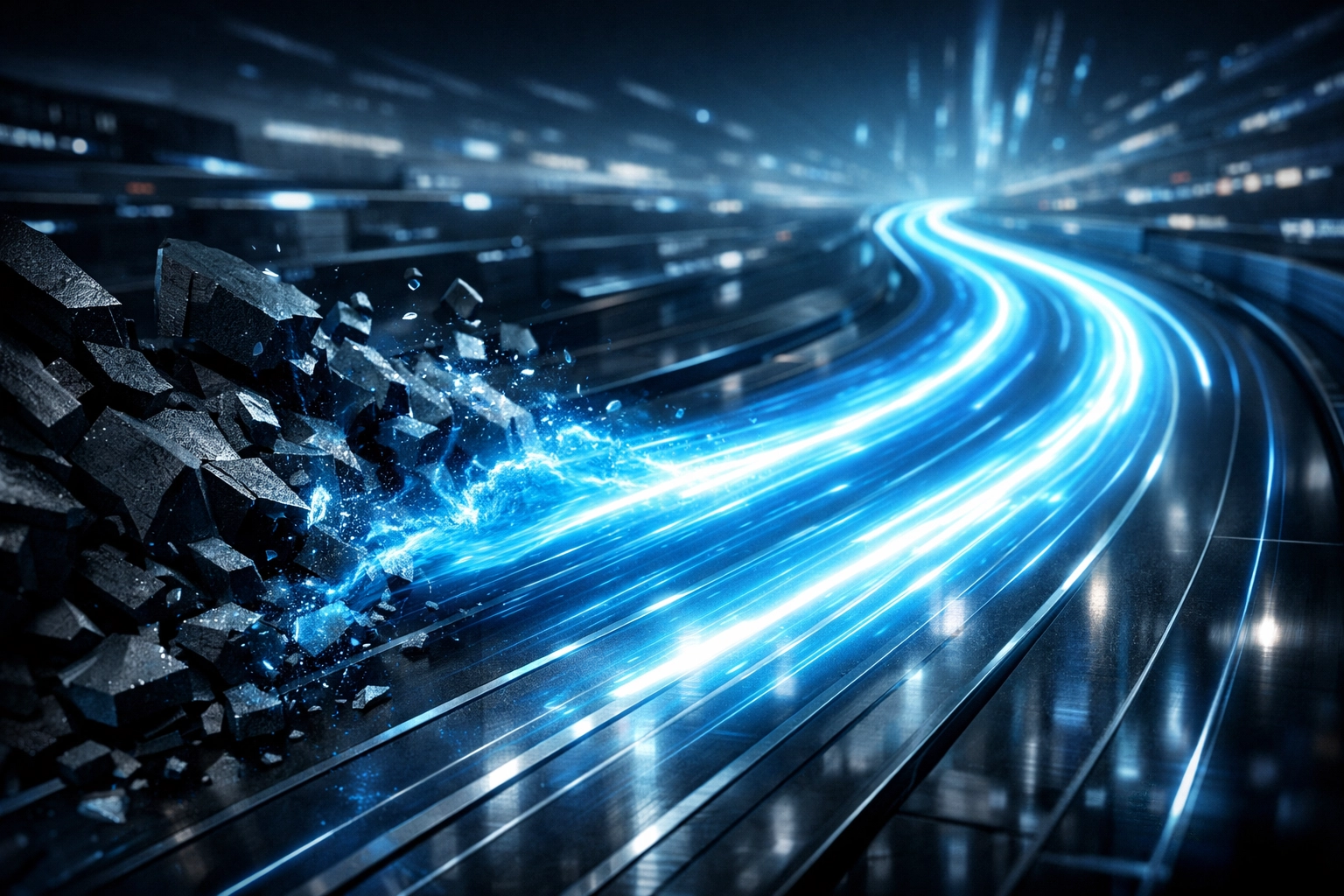Abstract data highway showing the removal of operational bottlenecks through streamlined AI workflows.