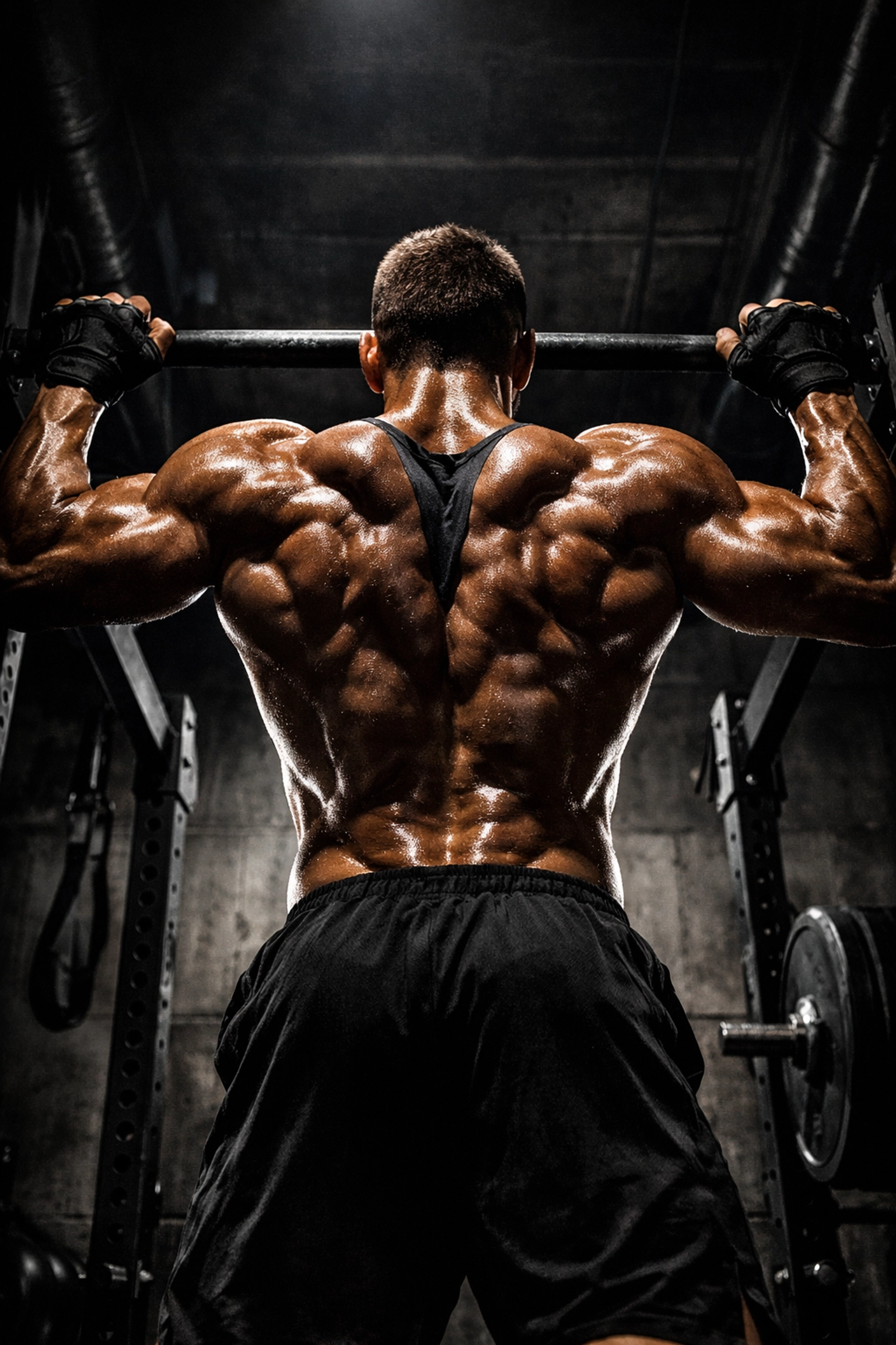 Athlete performing a pull-up in an industrial home gym to build back muscles with calisthenics equipment.