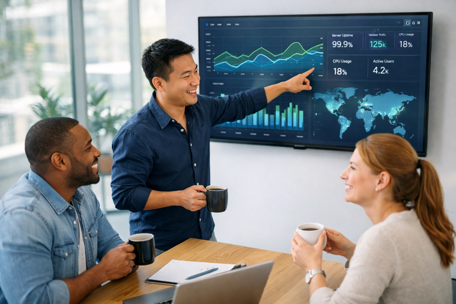 IT team reviewing AI Control Tower dashboard with ServiceNow consulting services.