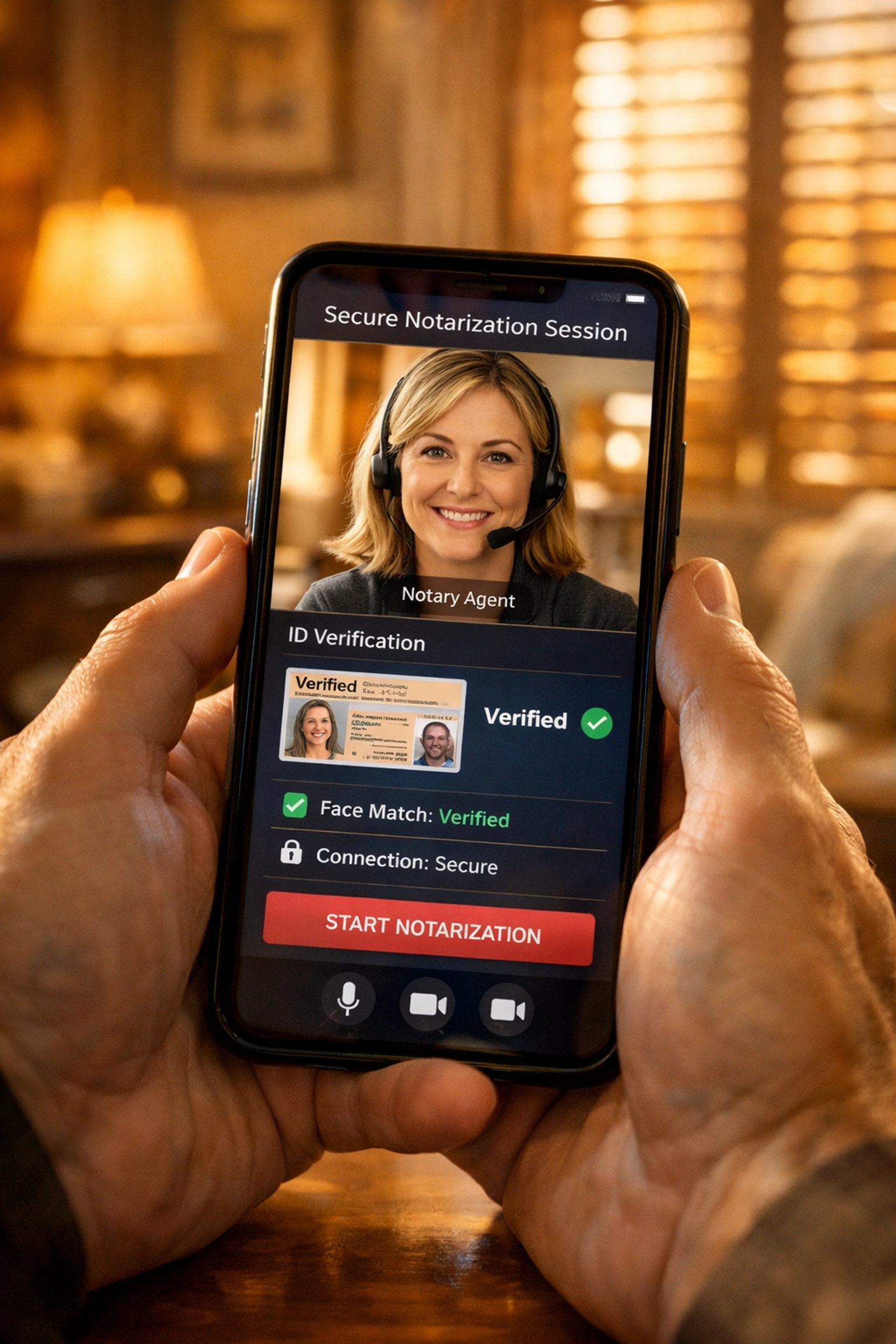 Secure online notary session on smartphone in Florida home demonstrating RON convenience