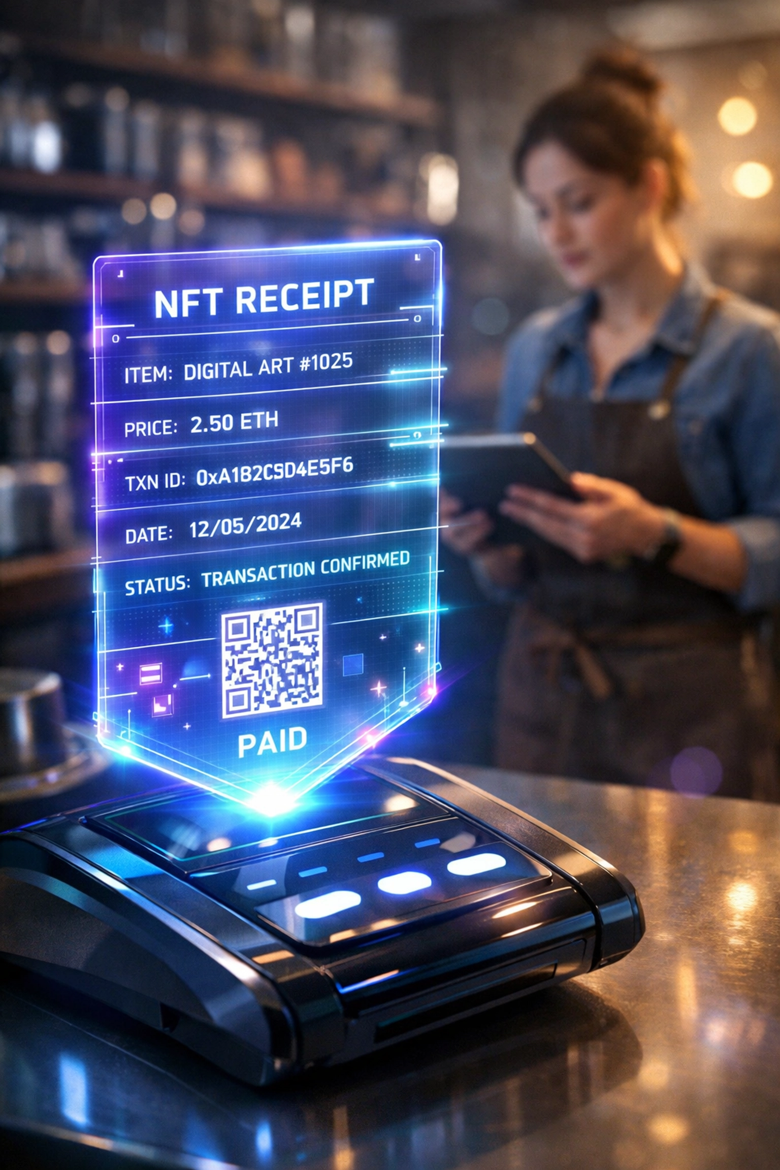 NFT receipt hologram above crypto POS terminal for automated on-chain accounting and tax compliance