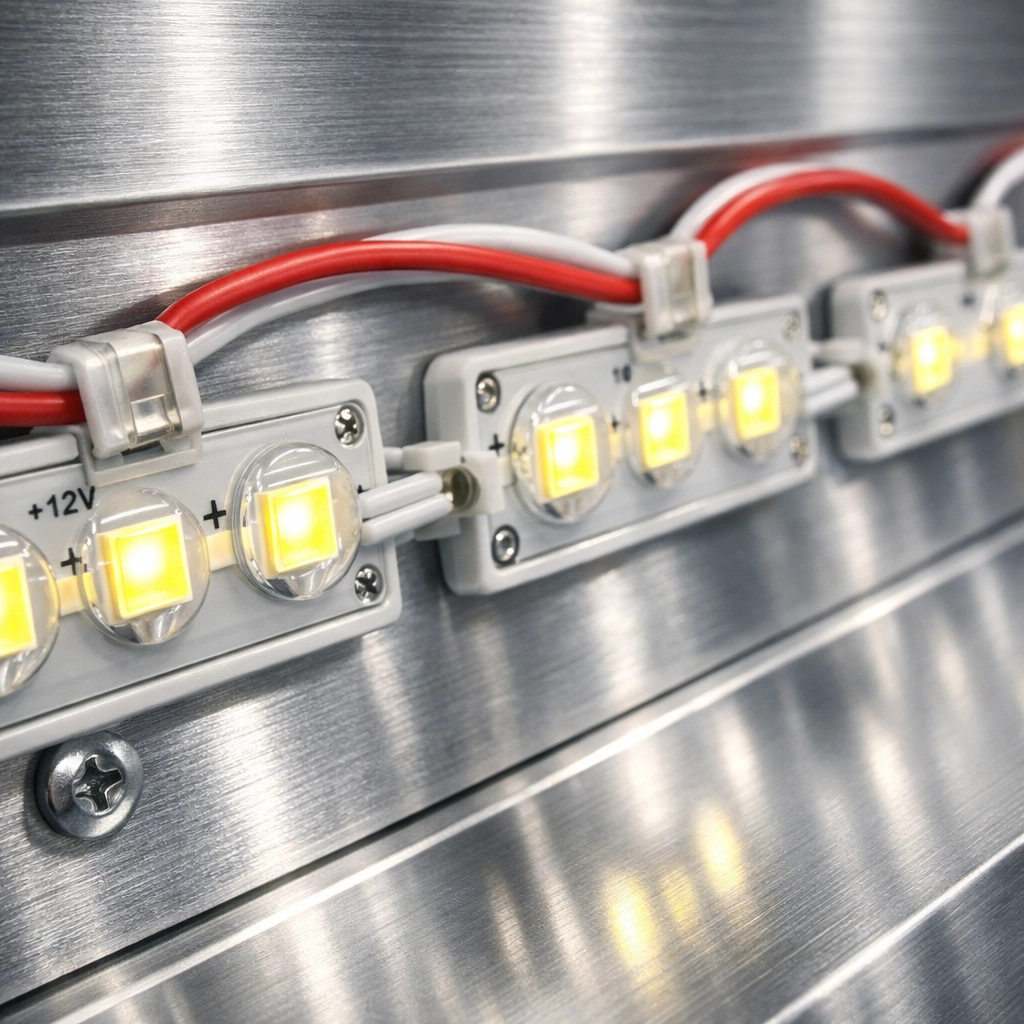 Detailed view of high-output LED modules inside a custom manufactured sign.
