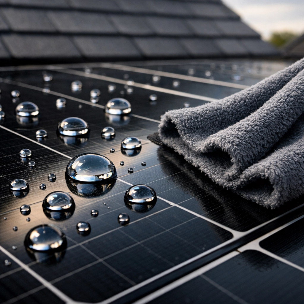 Cleaning a black solar panel with a microfiber cloth and deionised water for proper aftercare.