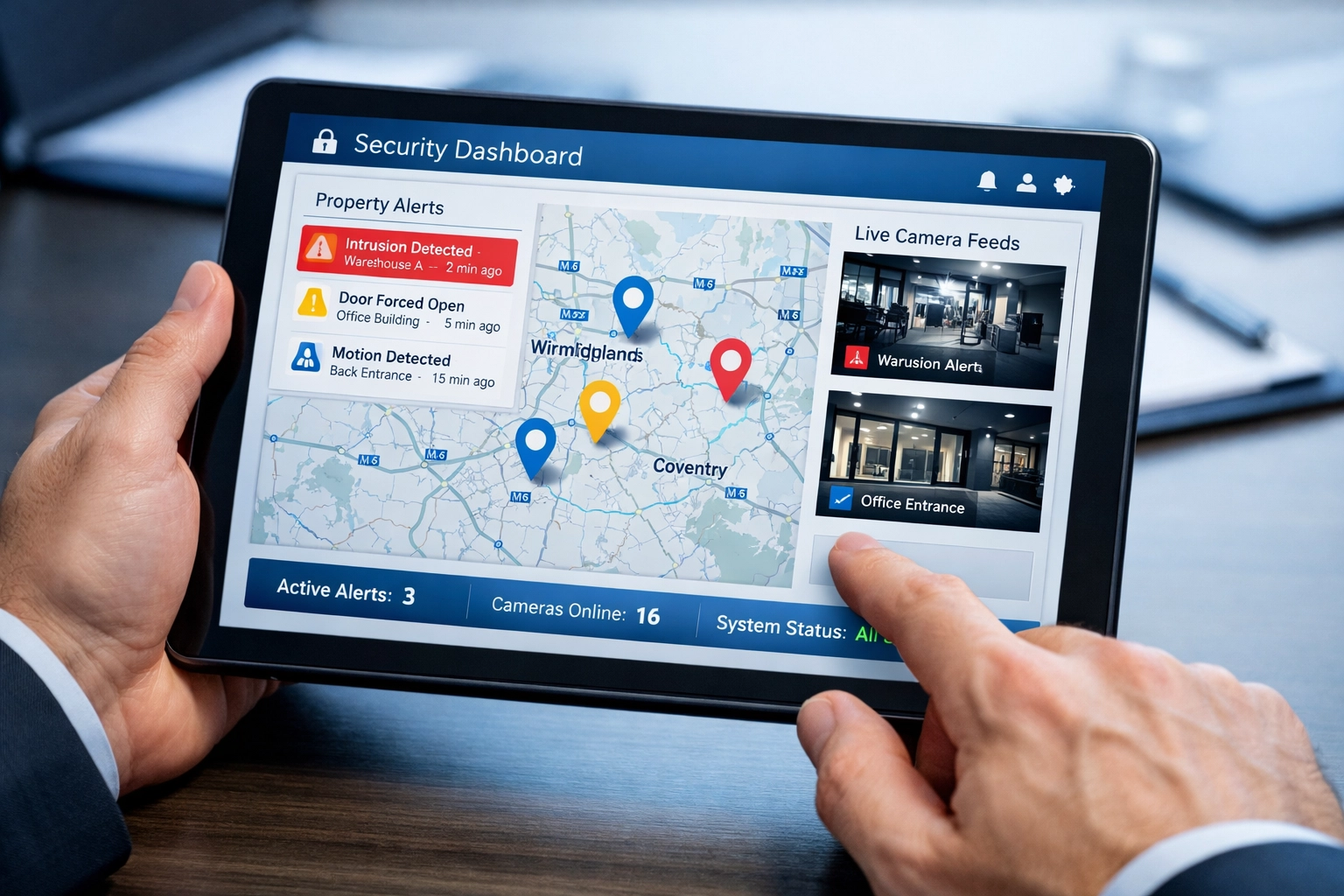 Security monitoring dashboard displaying real-time property alerts for West Midlands region