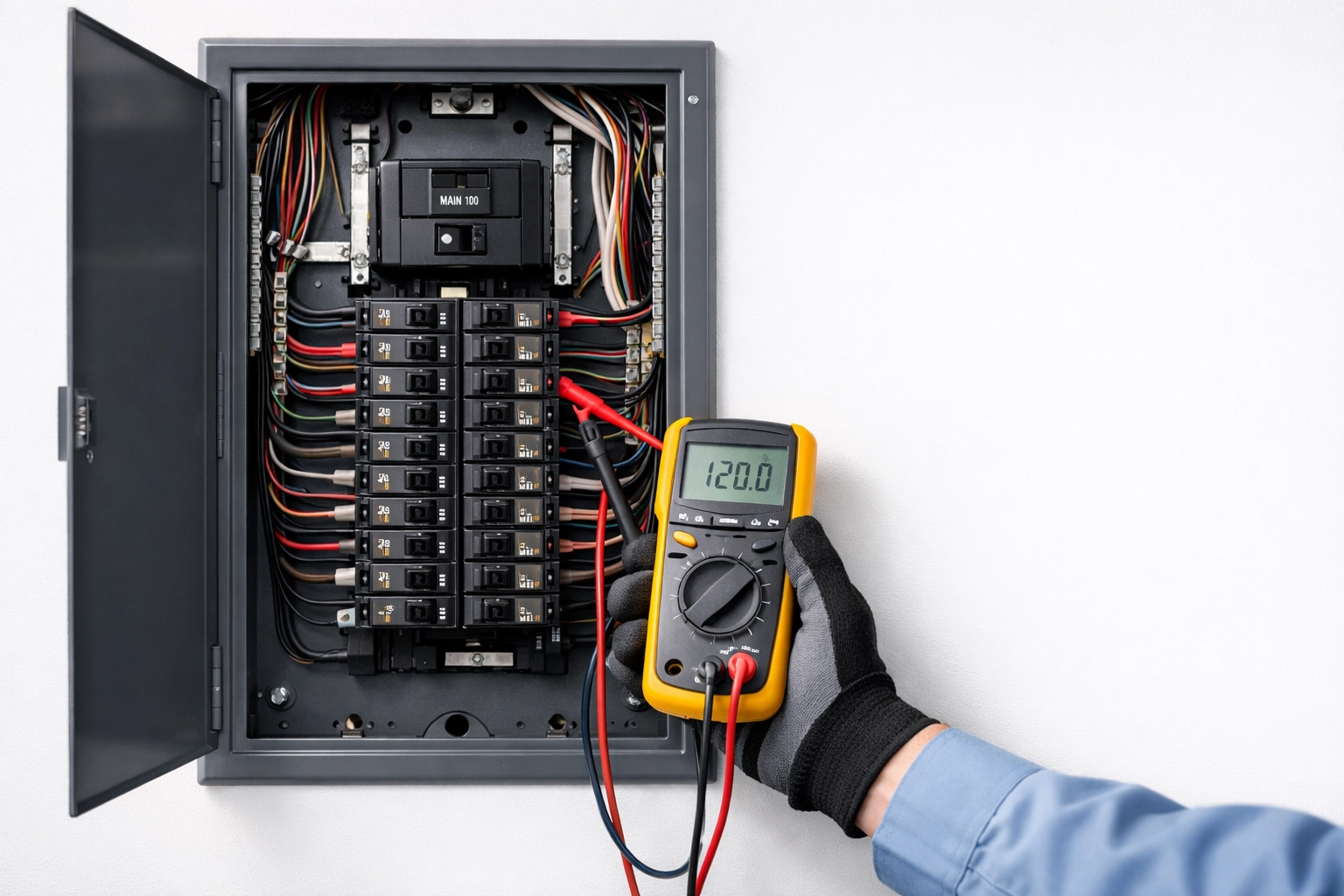 Electrical panel with circuit breakers being tested before hurricane season in Florida