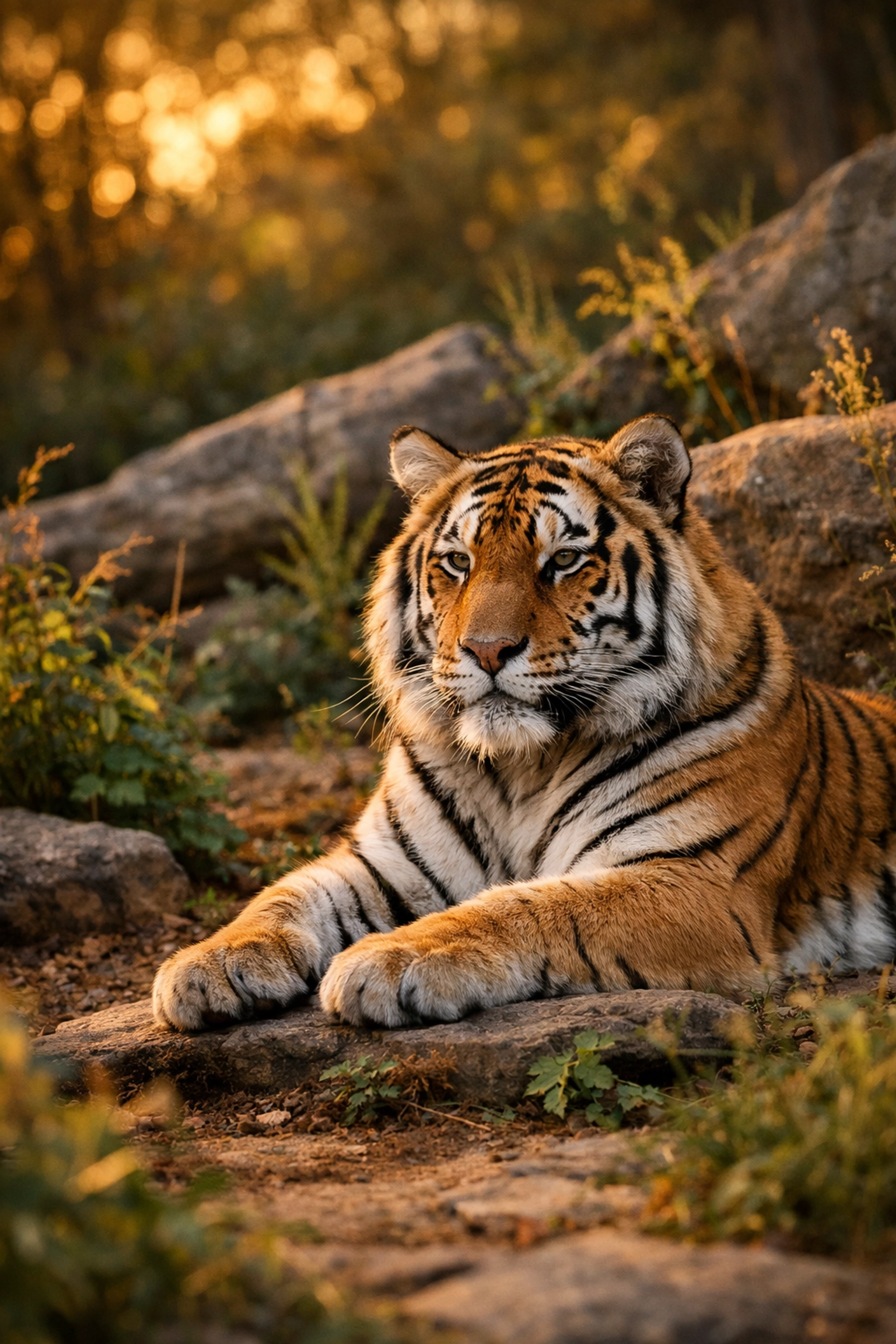 Tiger resting peacefully in naturalistic zoo habitat with lush vegetation