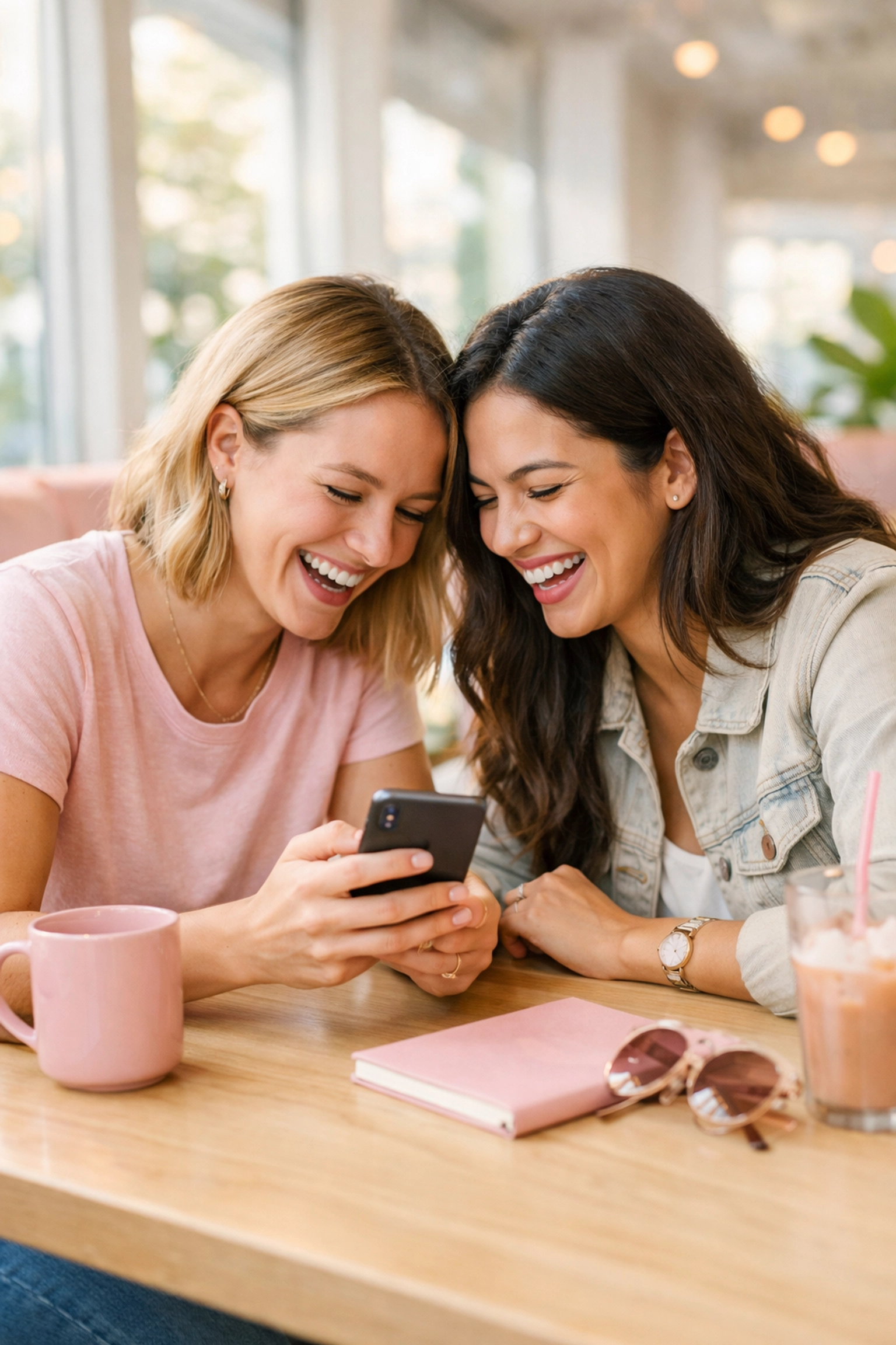 Two women laughing while looking at a smartphone, highlighting genuine social media engagement.