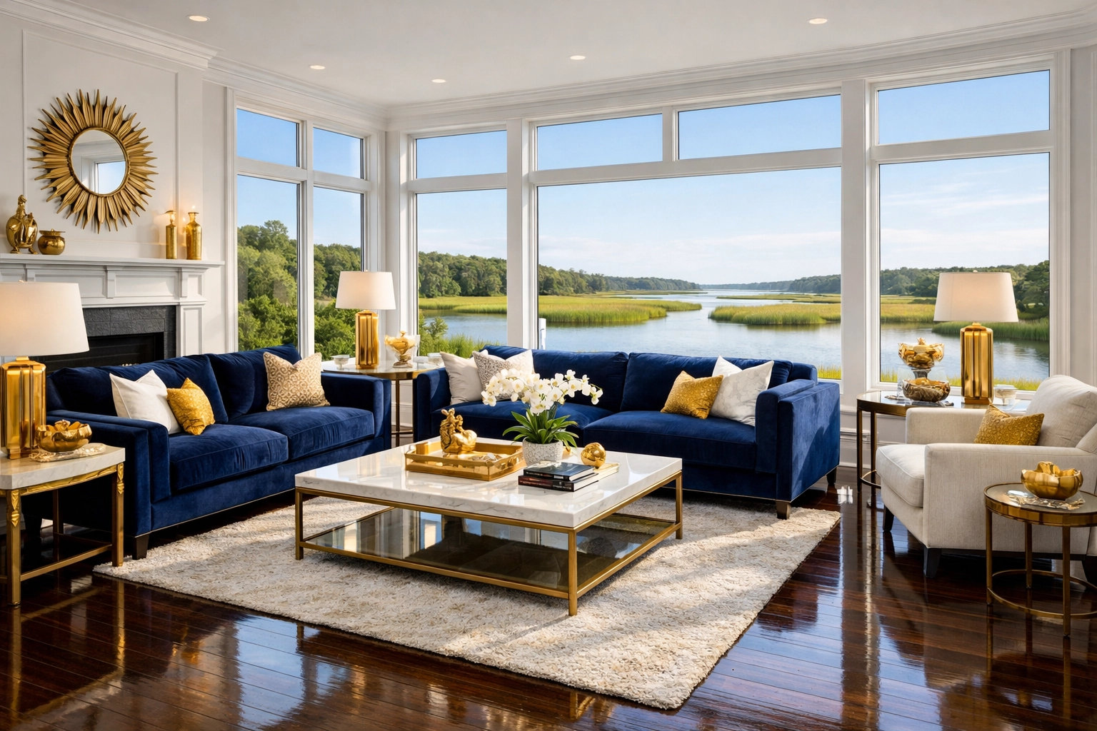 Luxury house cleaning in Norwell living room with polished floors and North River views.
