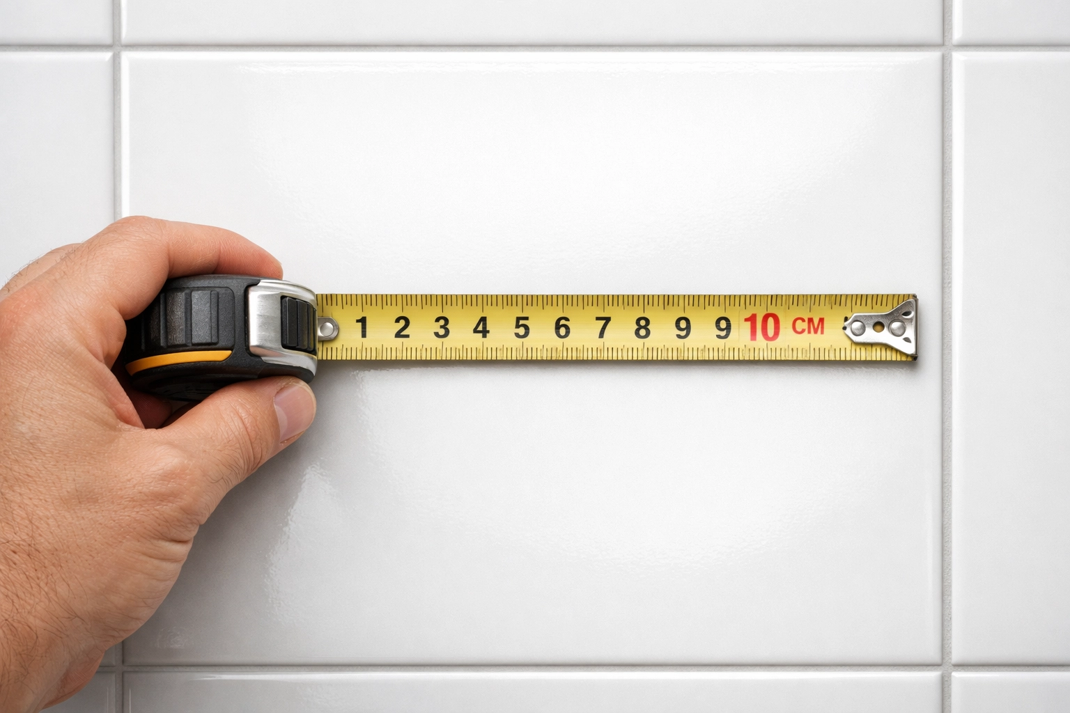 Measuring a bathroom tile to ensure a no-drill grab bar fits perfectly within the flat surface.