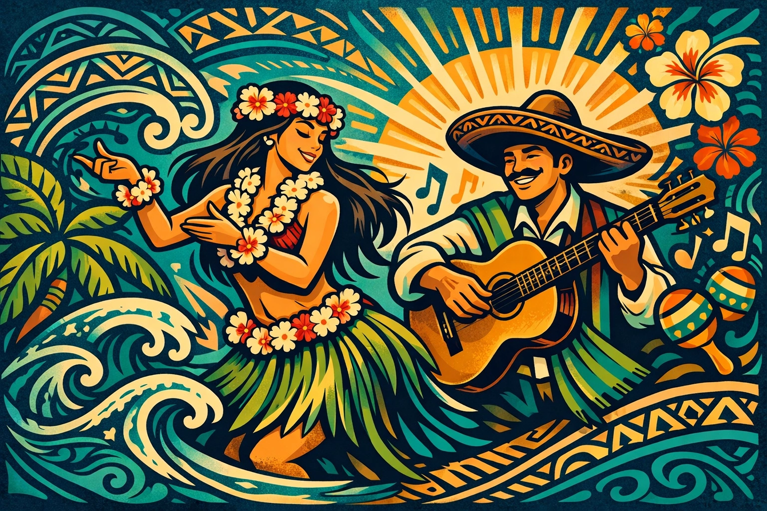 Illustration of a Polynesian hula dancer and Mexican guitar player at a Las Vegas cultural festival fusion performance.