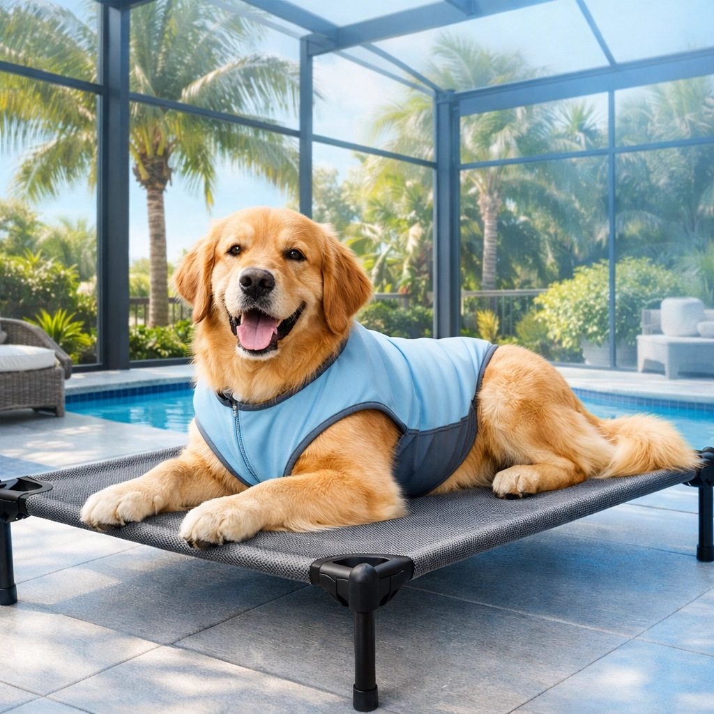 A dog wearing a blue cooling vest on an elevated mesh bed in a Southwest Florida home.