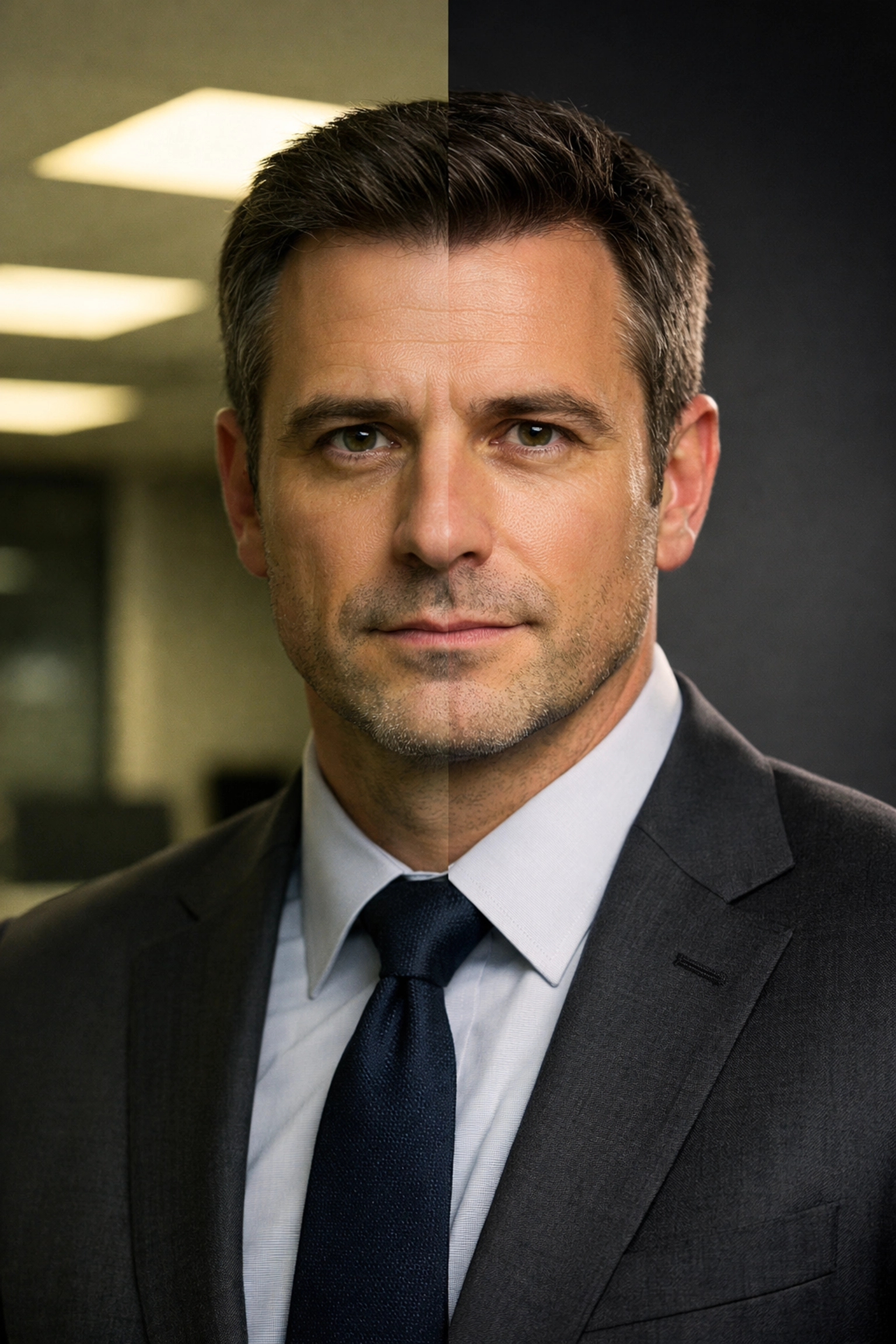 Comparison of professional corporate headshot lighting vs harsh office lights on a male executive.