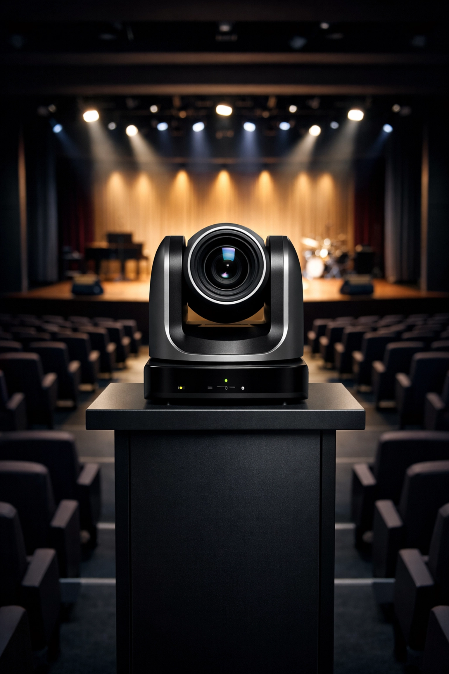 Professional eye-level PTZ camera placement on a pedestal in a modern church auditorium.