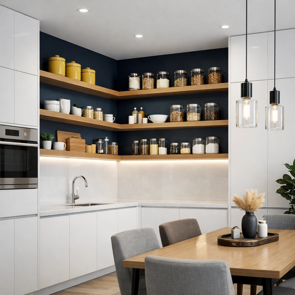 Organized apartment kitchen with sanitized white quartz countertops and smart storage solutions.