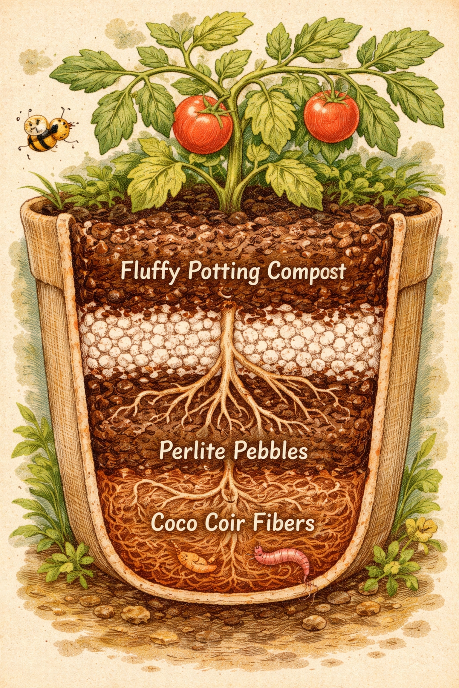 A cross-section of vertical garden soil, displaying compost, perlite, and coco coir layers for healthy plant roots.