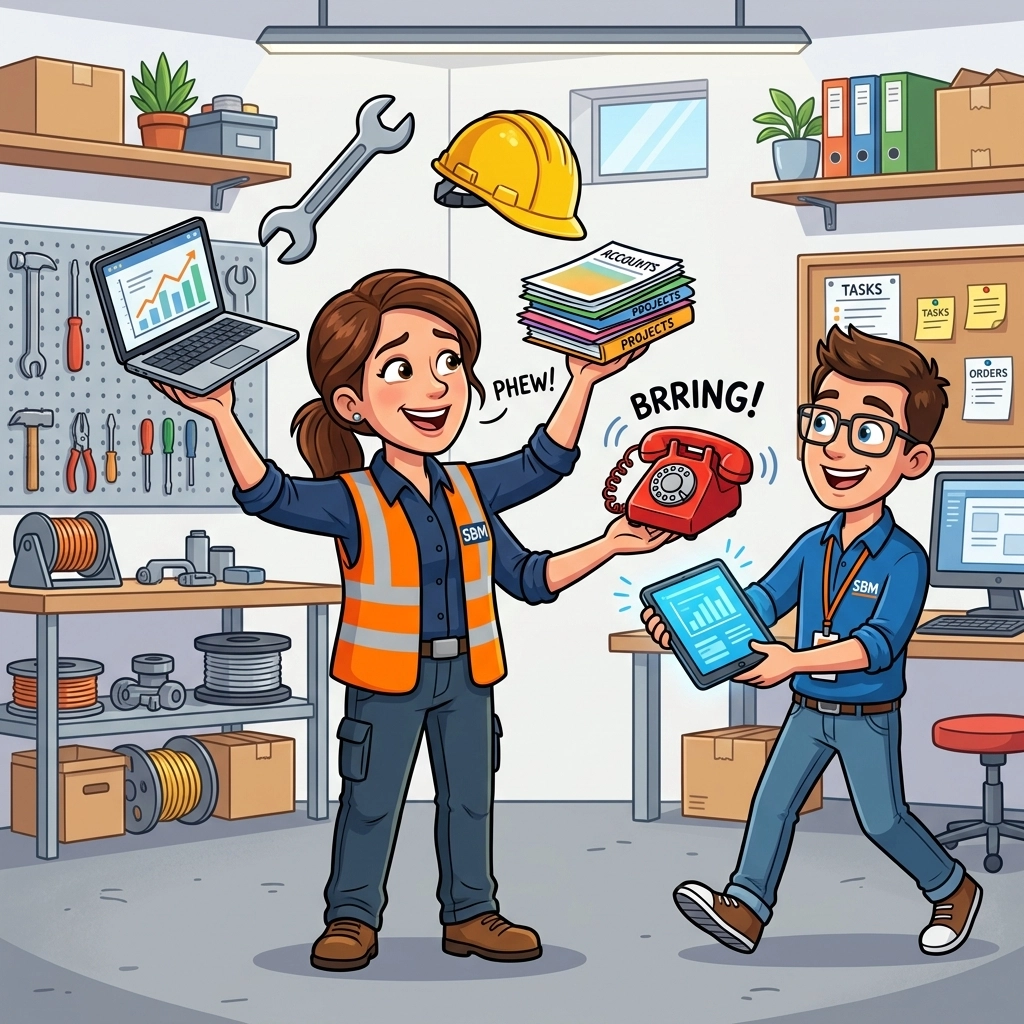 A busy tradesperson receiving help with missed calls and enquiry management from an assistant.
