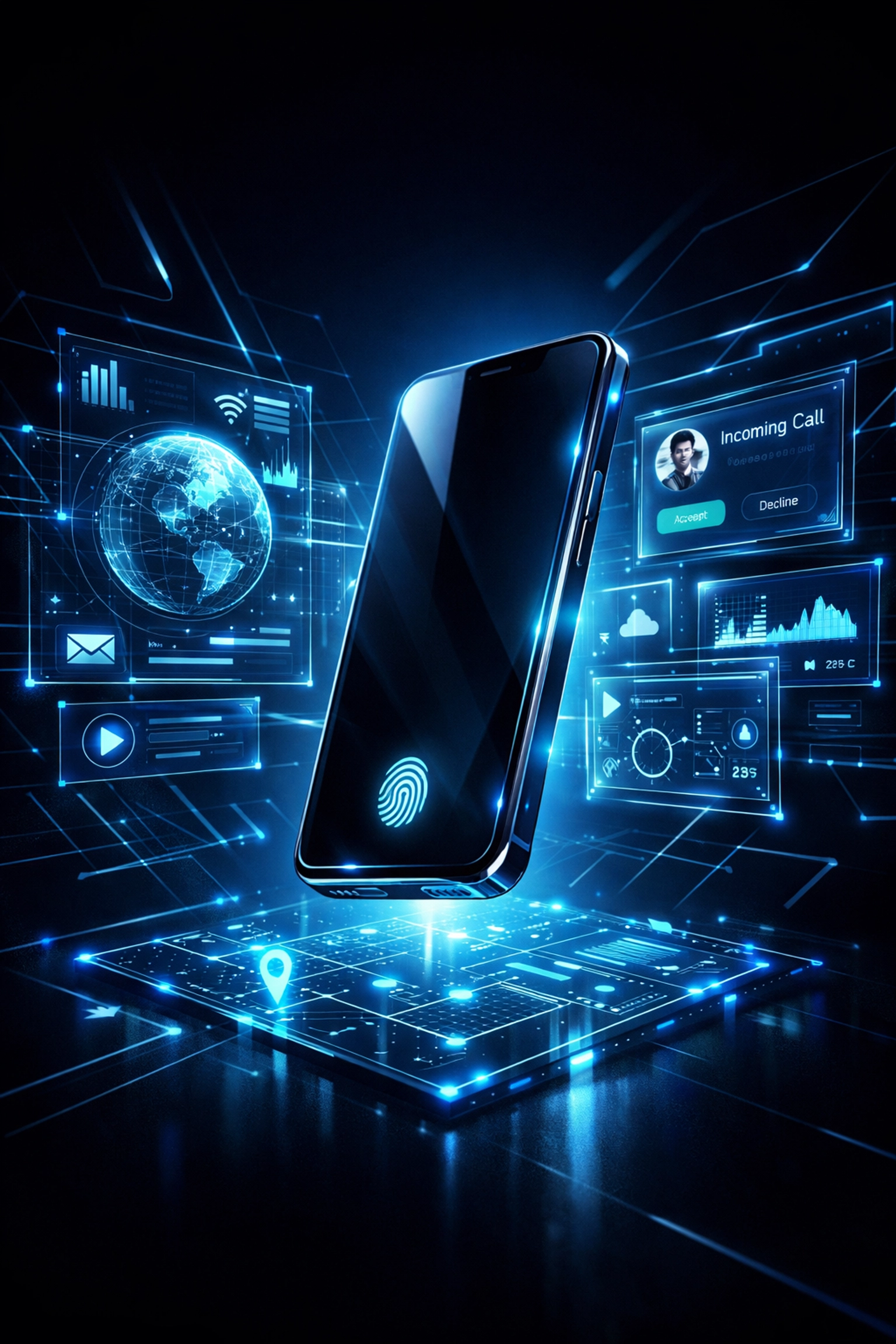 Modern smartphone displaying holographic UI/UX interface elements for Dubai startups