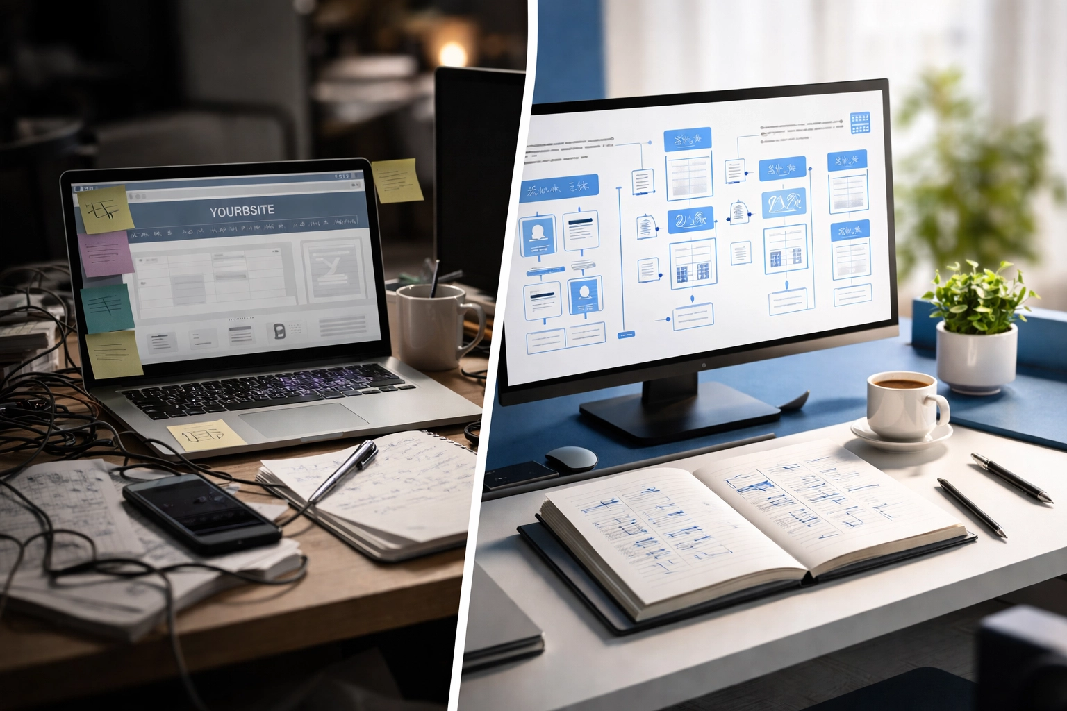 Cluttered desk vs organized workspace showing the difference between basic web work and strategic website consulting