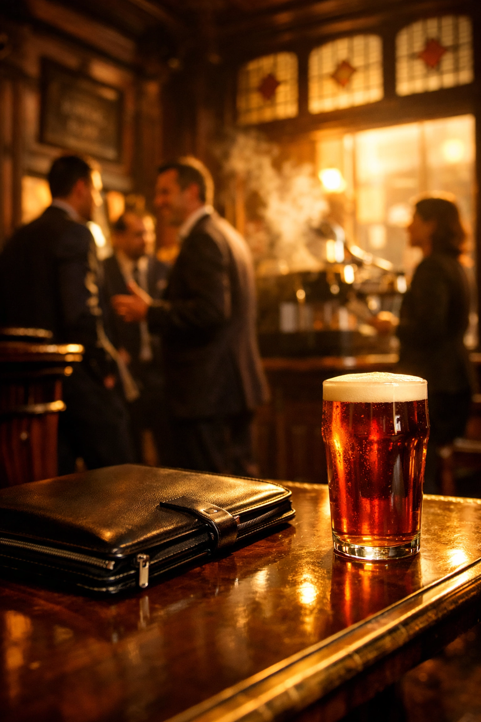 Business professionals networking in a classic London pub, reflecting the city's unique meeting culture.