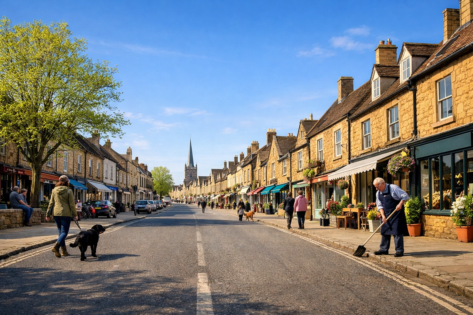 Historic Chipping Sodbury High Street with golden-stone buildings, managed by local estate agents.