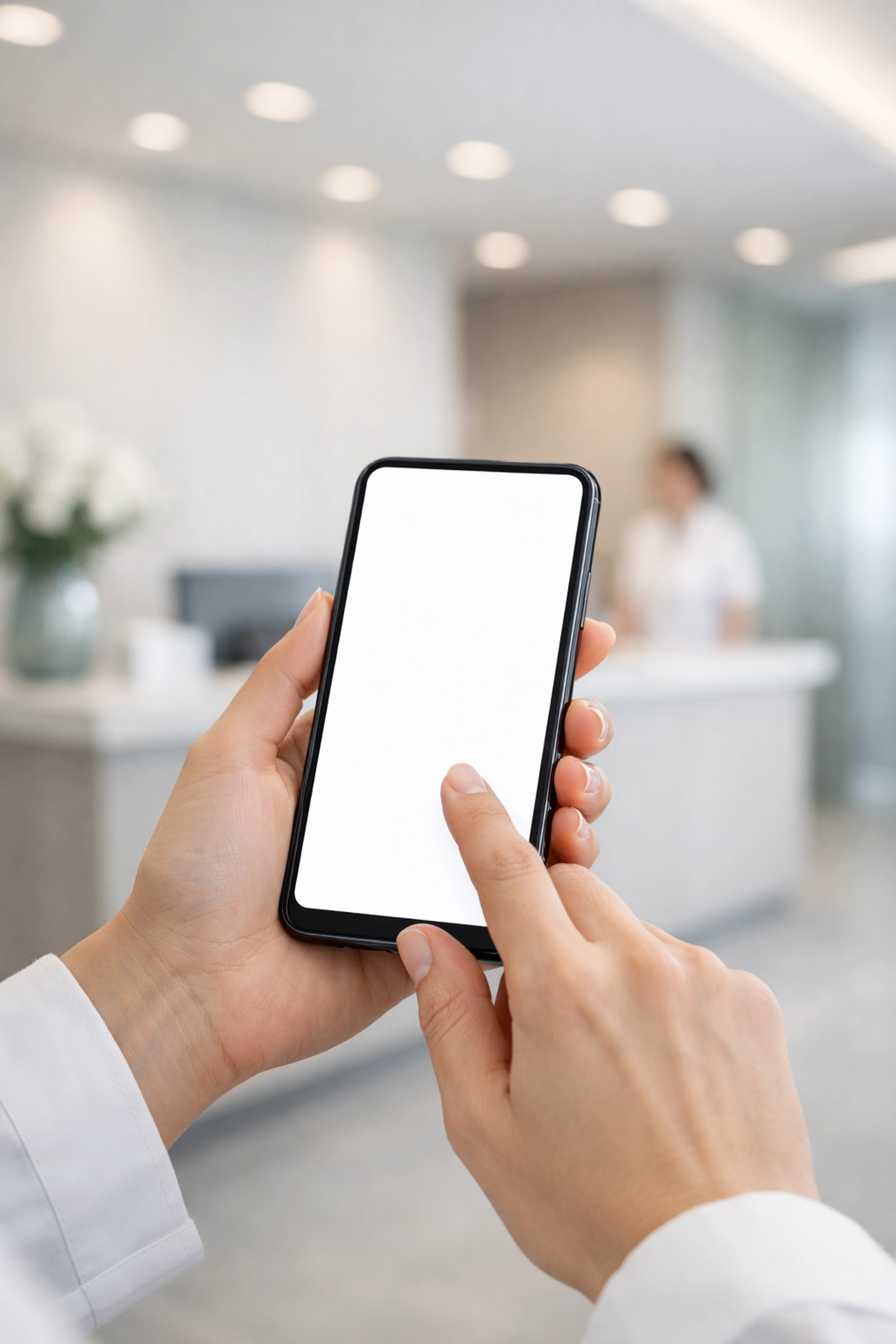 Patient using a mobile phone to book an appointment in a modern chiropractic office.