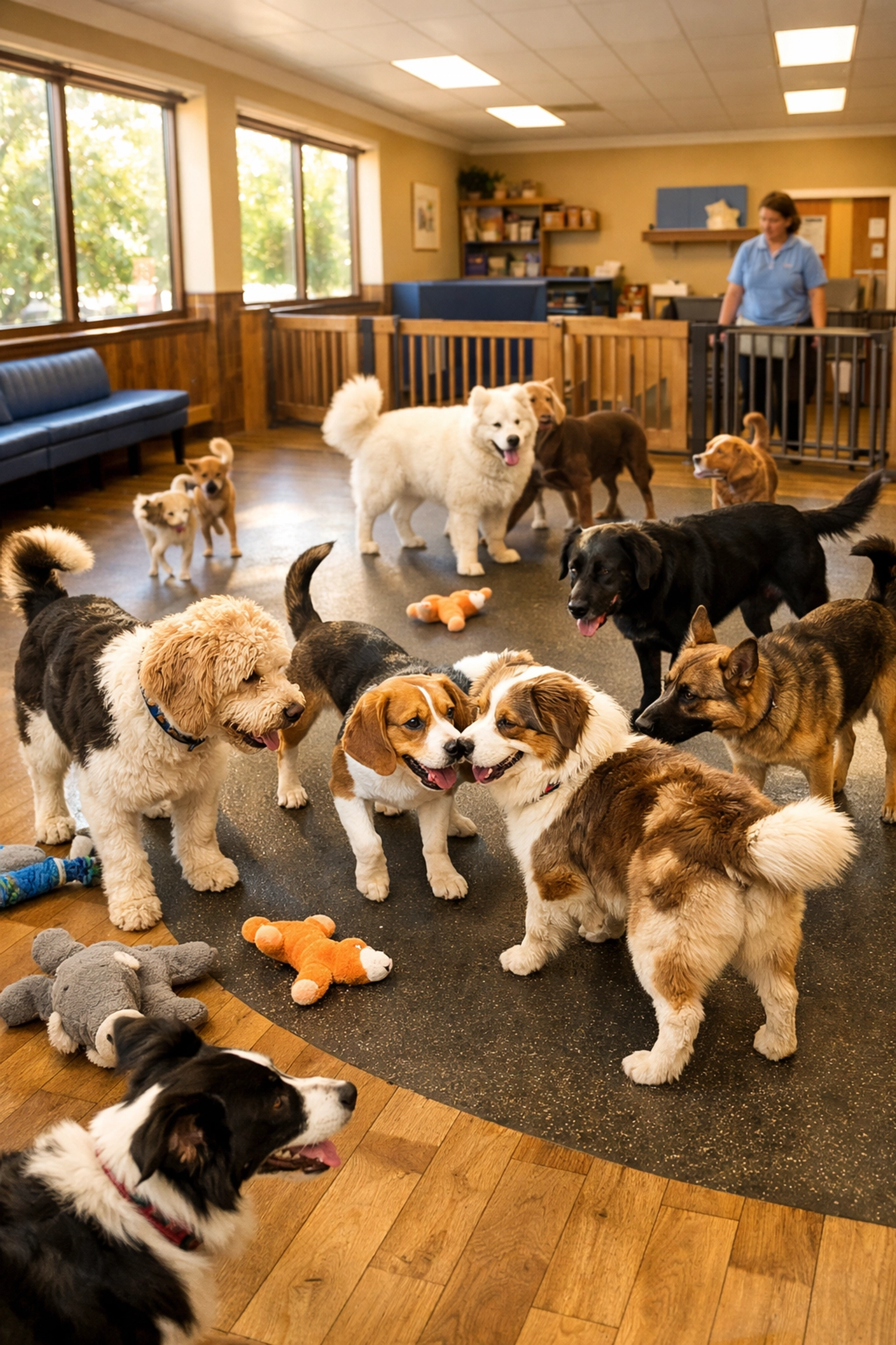 Dogs playing together in professional daycare facility showing group play liability risks