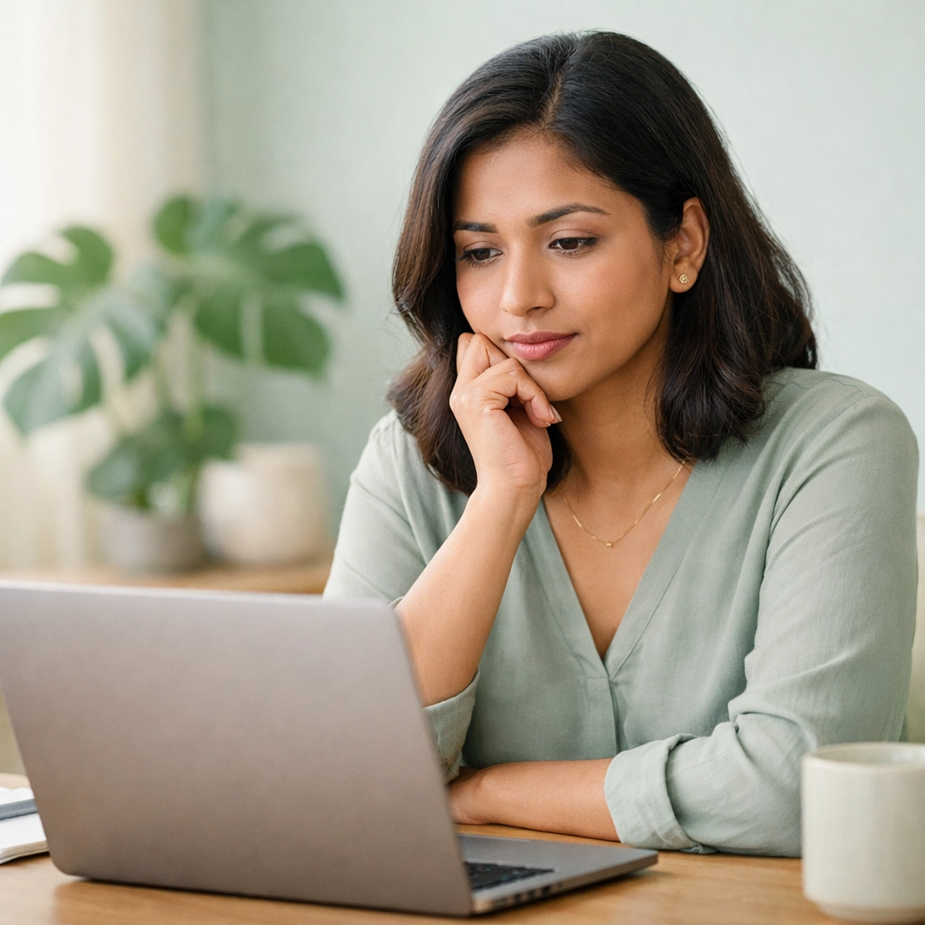 Woman in home office reflecting on a purchase, illustrating the money mindset coaching needed for BNPL traps.
