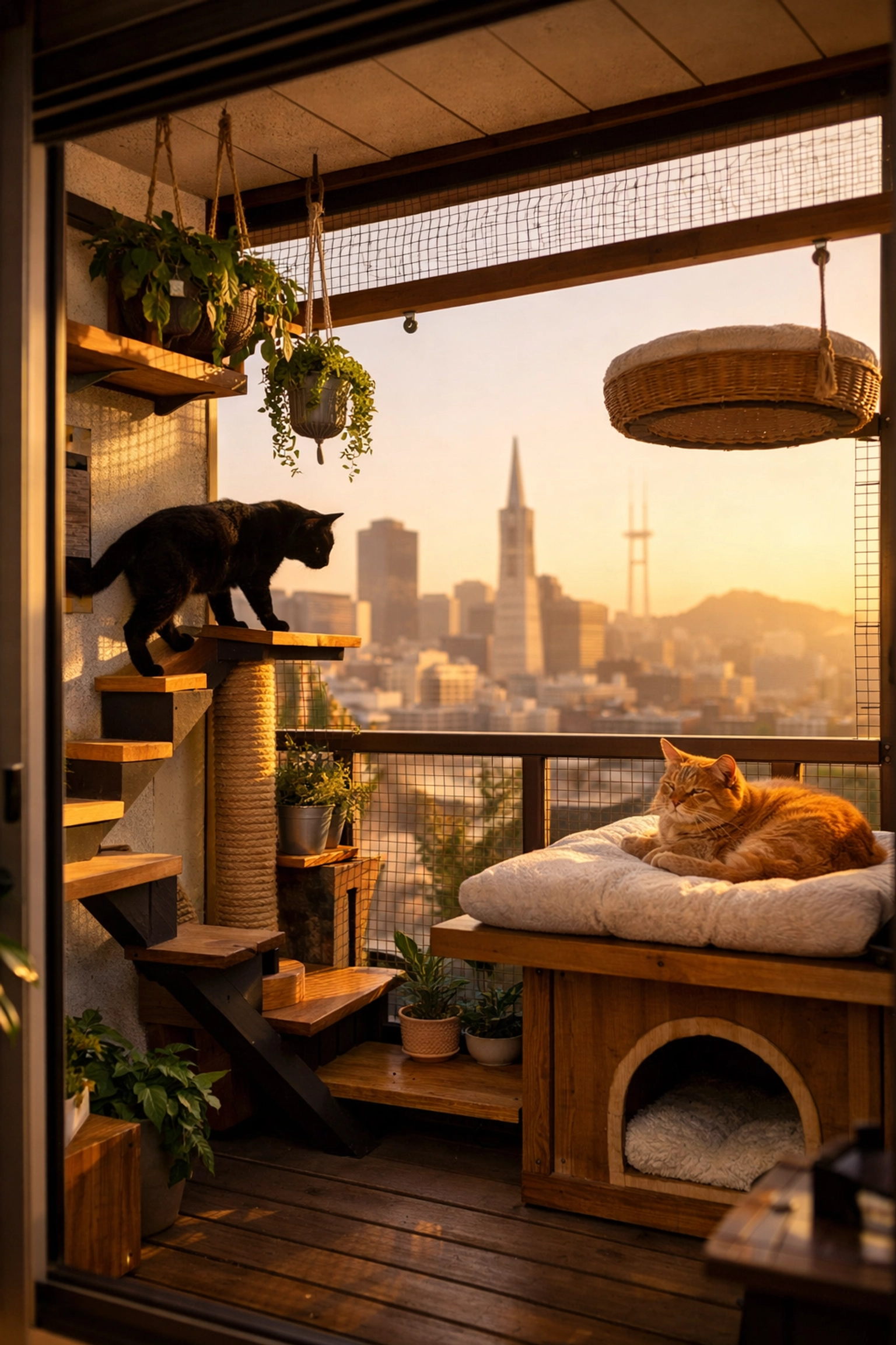 Compact San Francisco balcony catio with city skyline view and cats on vertical climbing structures