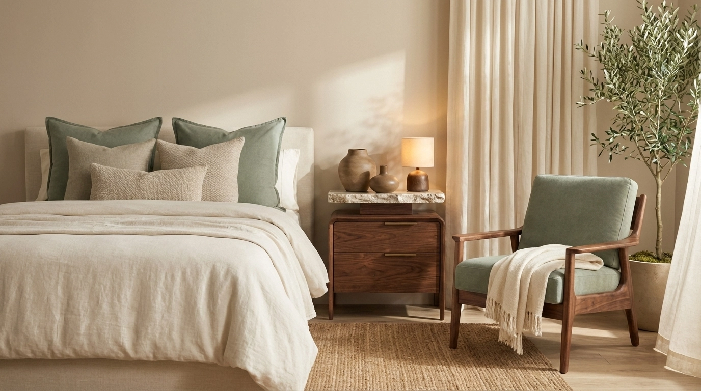 Kathy Kuo Home–style calming color story with walnut casegoods, sage green upholstery, cream bedding, and bronze accents for spa-like serenity