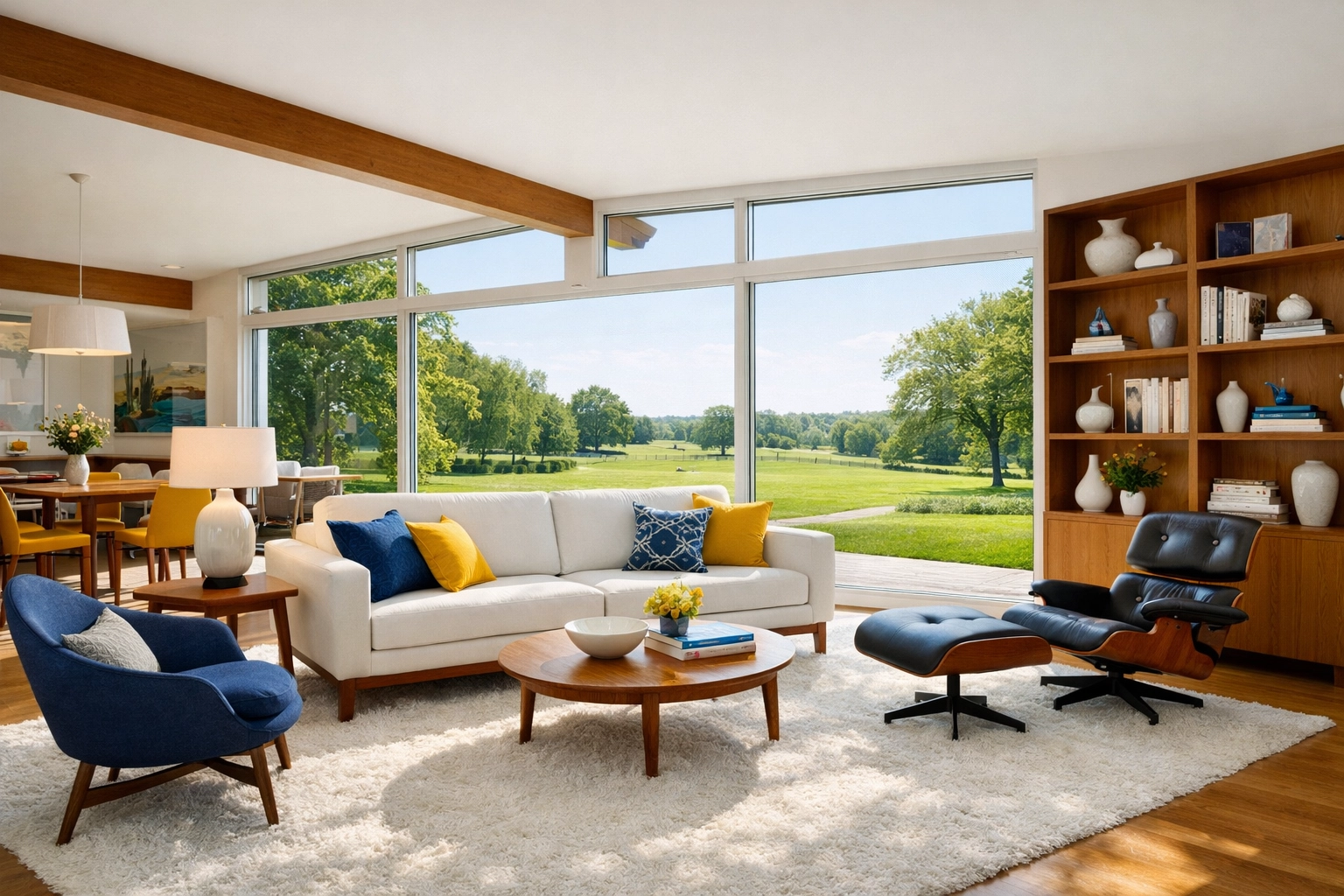 Sun-drenched living room with clean windows after a successful Lexington Mid-Century Modern Deep Cleaning.