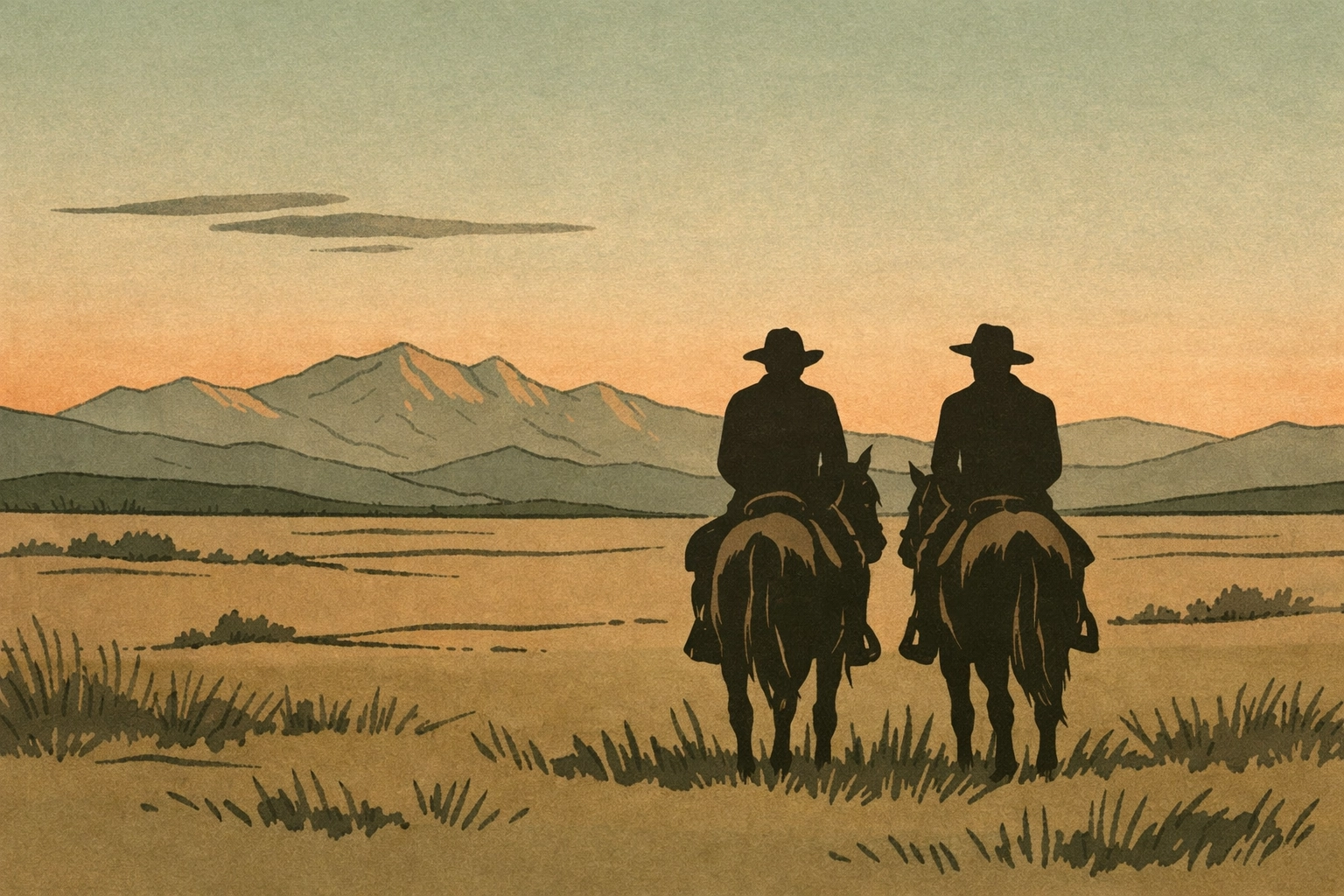 Two cowboys riding horseback across Montana prairie at dusk - gay Western romance setting