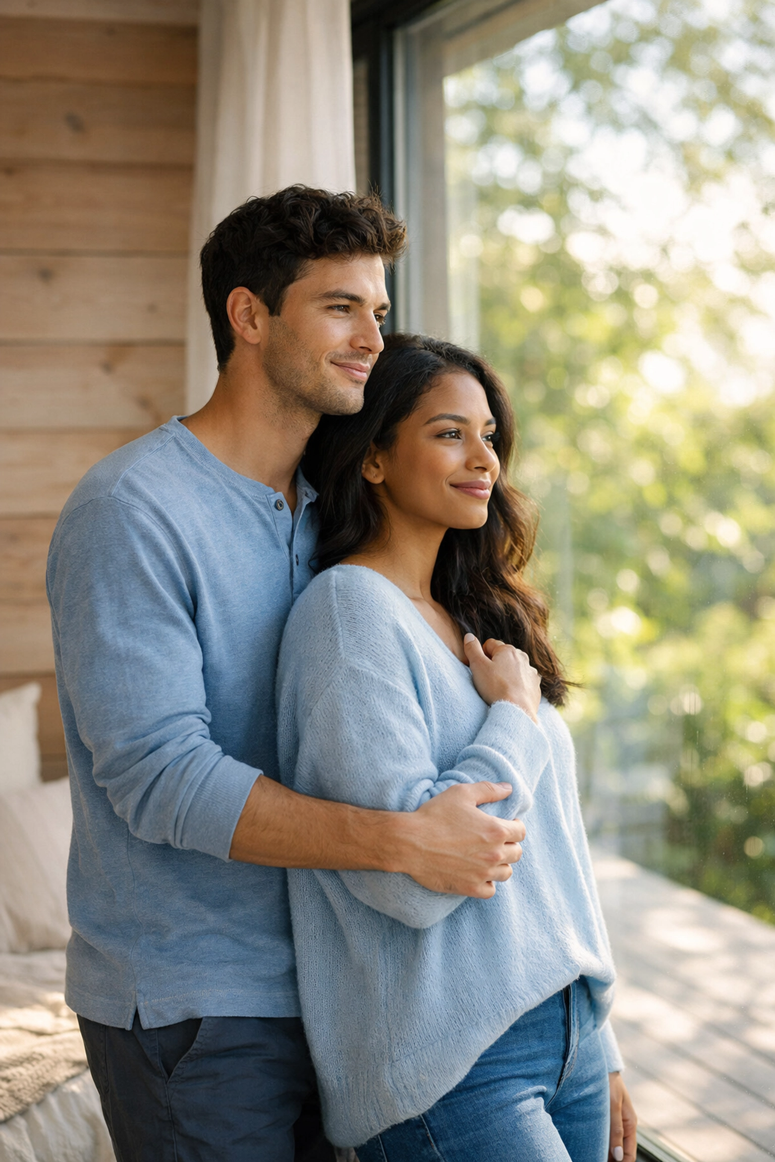 Peaceful couple in a sunlit home reflecting security and family protection with whole life and IUL insurance.