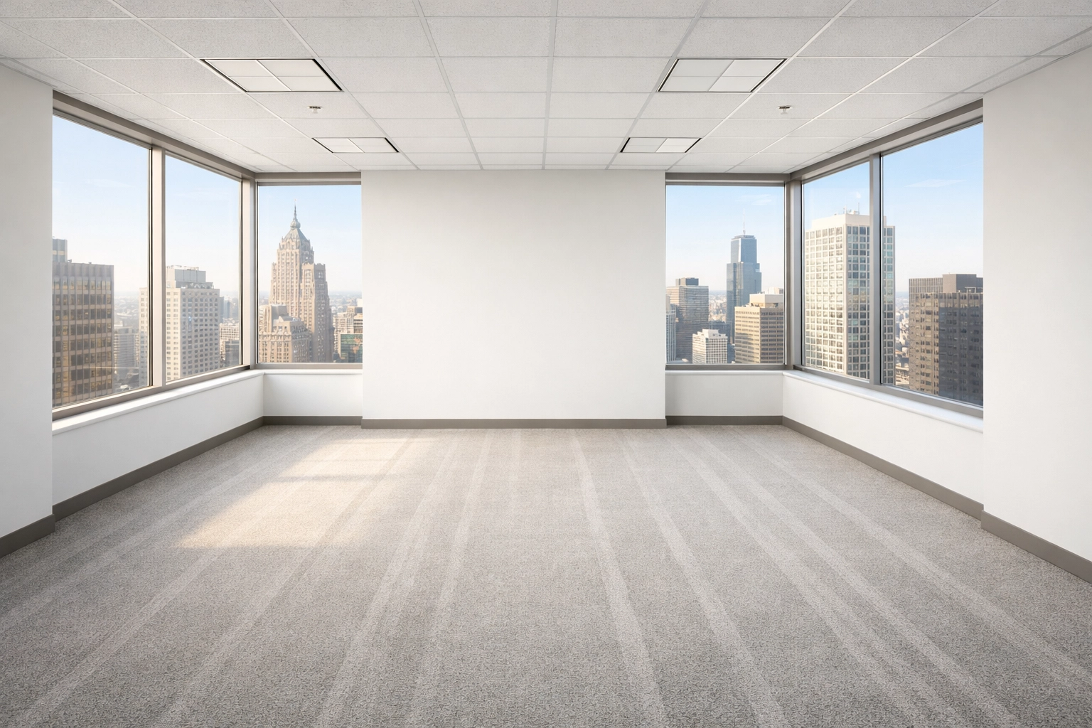 Clean vacant Chicago office suite with freshly vacuumed carpets ready for new property management tenants.