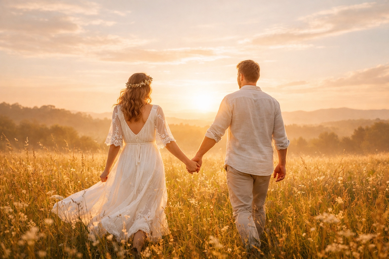 A happy couple walking in a meadow, symbolizing a debt-free wedding achieved through smart funding.