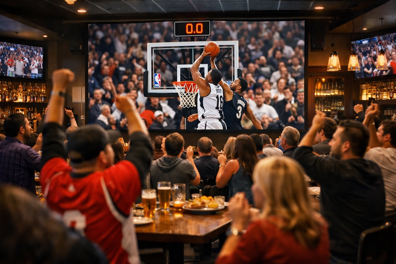 Fans watching a digital display in a sports bar with contextually relevant basketball marketing.
