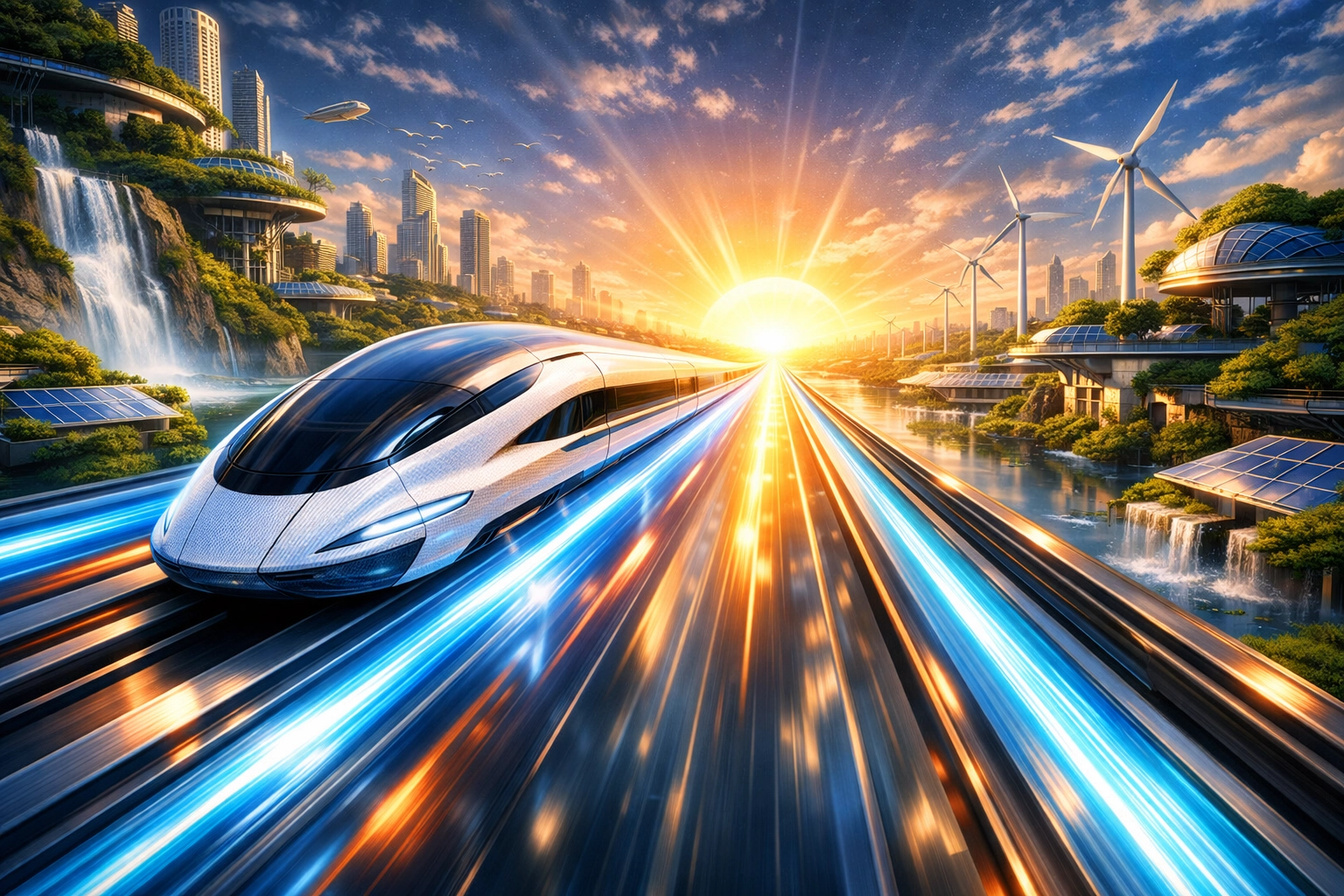 Fast futuristic train on a glowing track representing rapid Web3 payment settlement and growth.