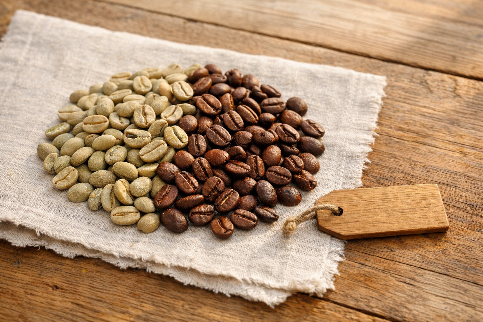 Freshly roasted single origin coffee beans transitioning from green to deep brown on a rustic table.