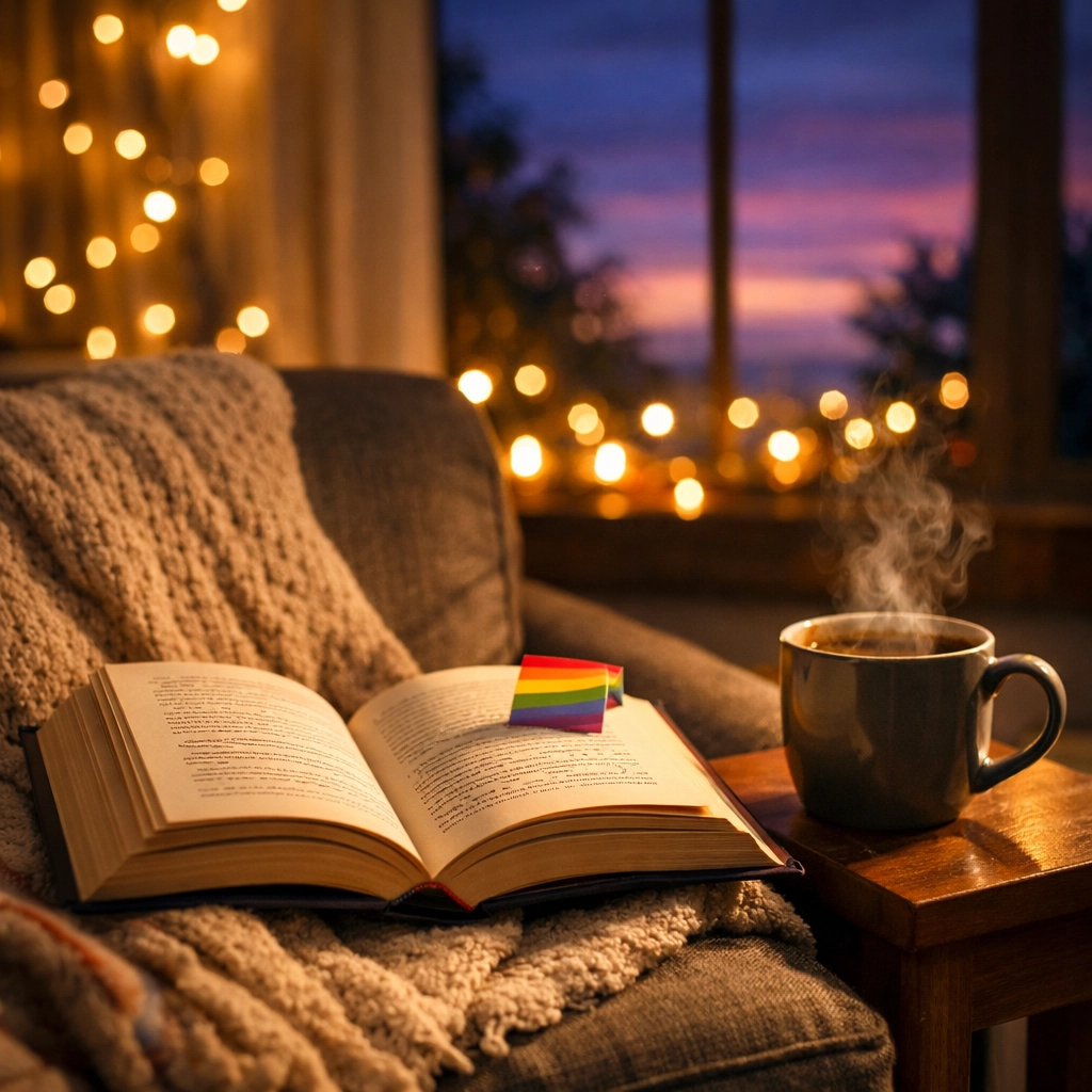 Cozy reading nook with open book and rainbow bookmark perfect for MM romance novels