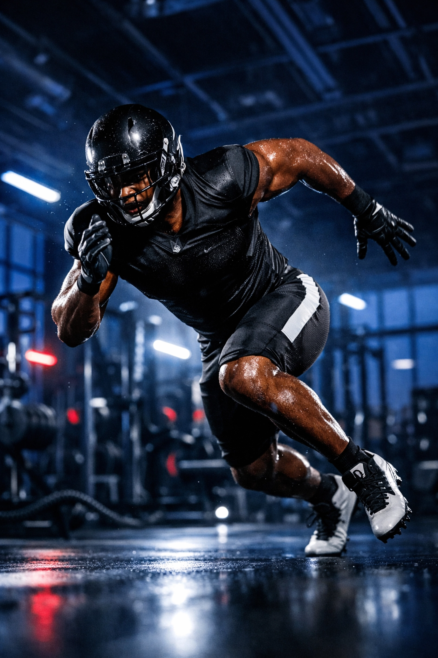 Professional football athlete training in a high-tech gym for Super Bowl pre-game NIL content.